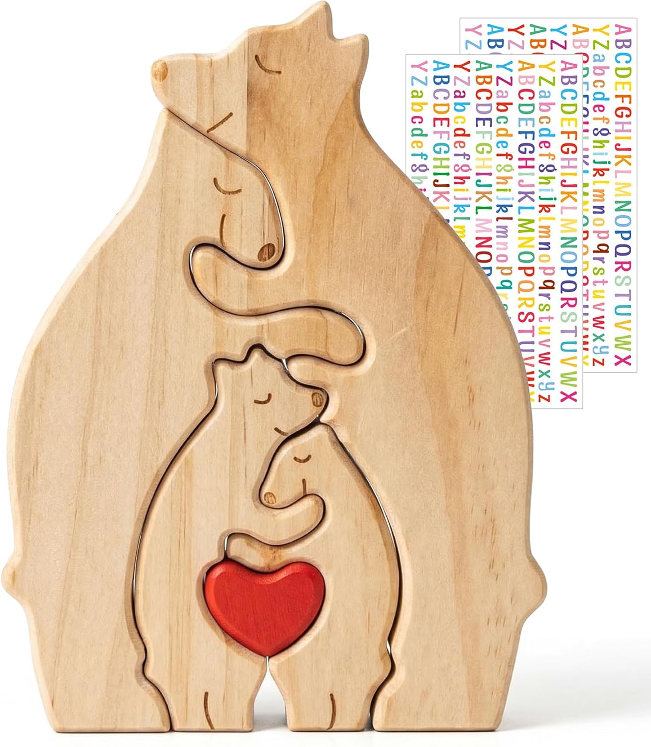 Lotanop Personalized Wooden Bear Family Puzzle for 4-Person Family with DIY Name Stickers – Unique Gift for Mother's Day, Father's Day,Housewarming, Birthday Home Decor, 2 Sheets of Letters (A-Z)