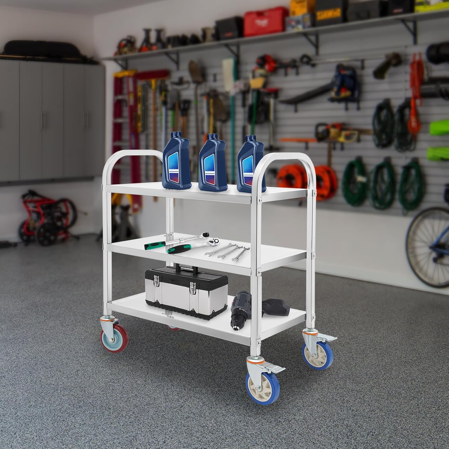 3-Tier Rolling Utility Cart,400LBS Capacity Stainless Steel Kitchen Trolley Cart w/4 Wheels & Locking Brakes,Mobile Serving Trolley for Home, Restaurant, Office