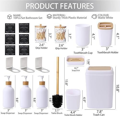 Miniatura 2 de XLHOMO Juego de accesorios de baño blanco y madera  Juego de 19 piezas de baño con basura, 3 piezas sin taladros, dispensador de jabón de 17 onzas