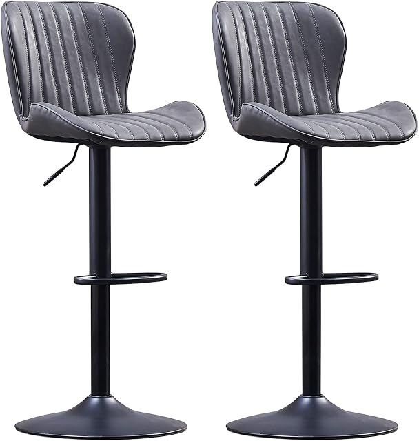 AINPECCA Bar Stools Set of 2 Breakfast Barstools with Footrest, 360° Swivel Grey Kitchen Stools,Height Adjustable PU Bar Stools, Padded Barstool with Backrest,for Living Room(PU Leather,Grey)