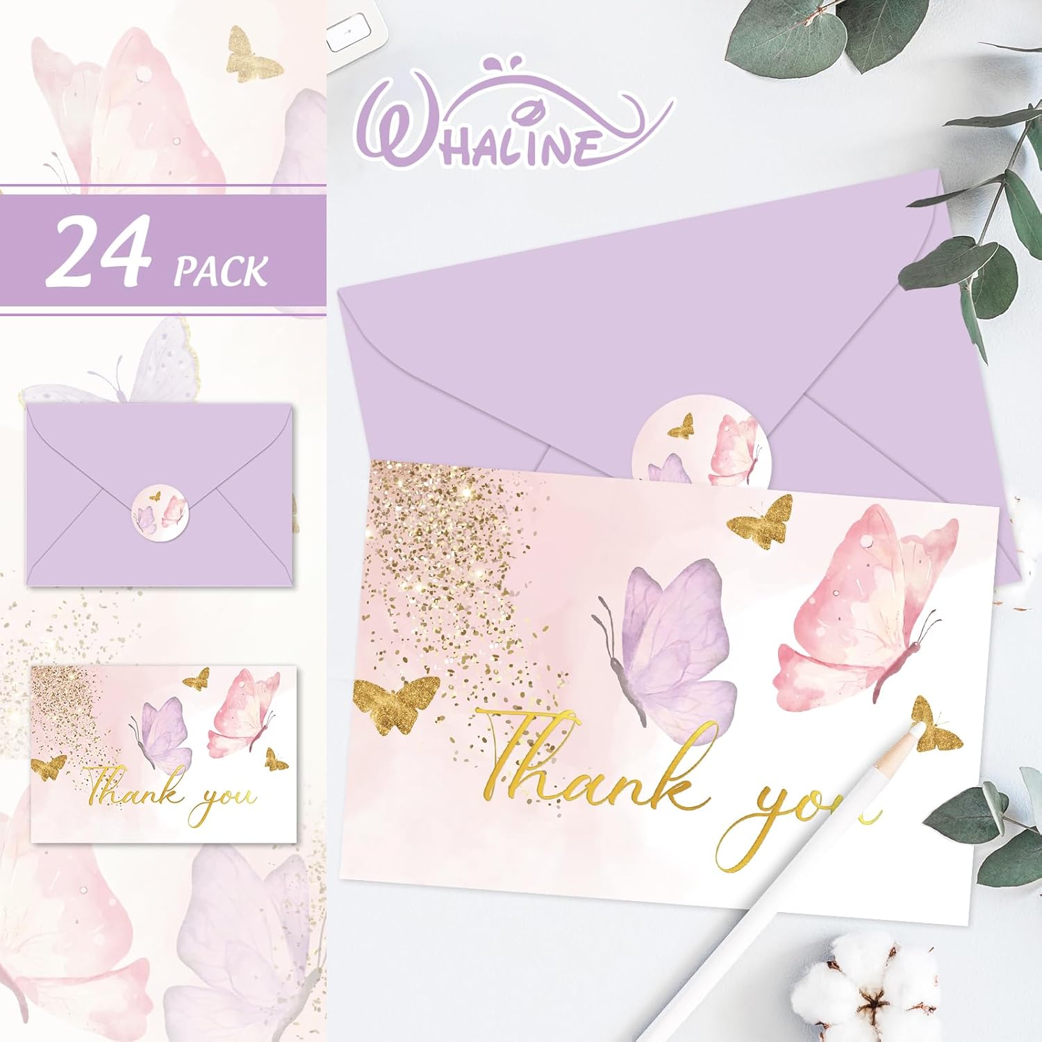 Whaline 24 Pack Butterfly Thank You Cards Purple Pink Blank Note Cards with Envelope Sticker Foil Gold Greeting Card for Wedding Birthday Bridal Shower - Image 3