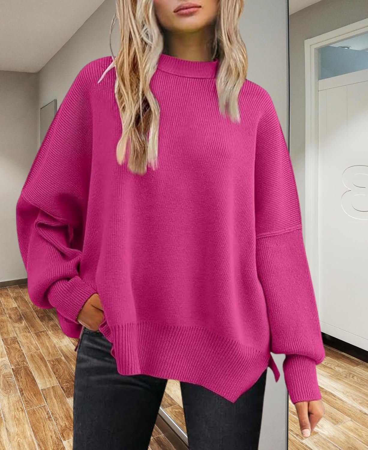 LIZALIG Women's Oversized Batwing Casual Sweaters Fall Outfits Knit Side Slit Fashion Crewneck Pullover Batwing Tops - Image 5