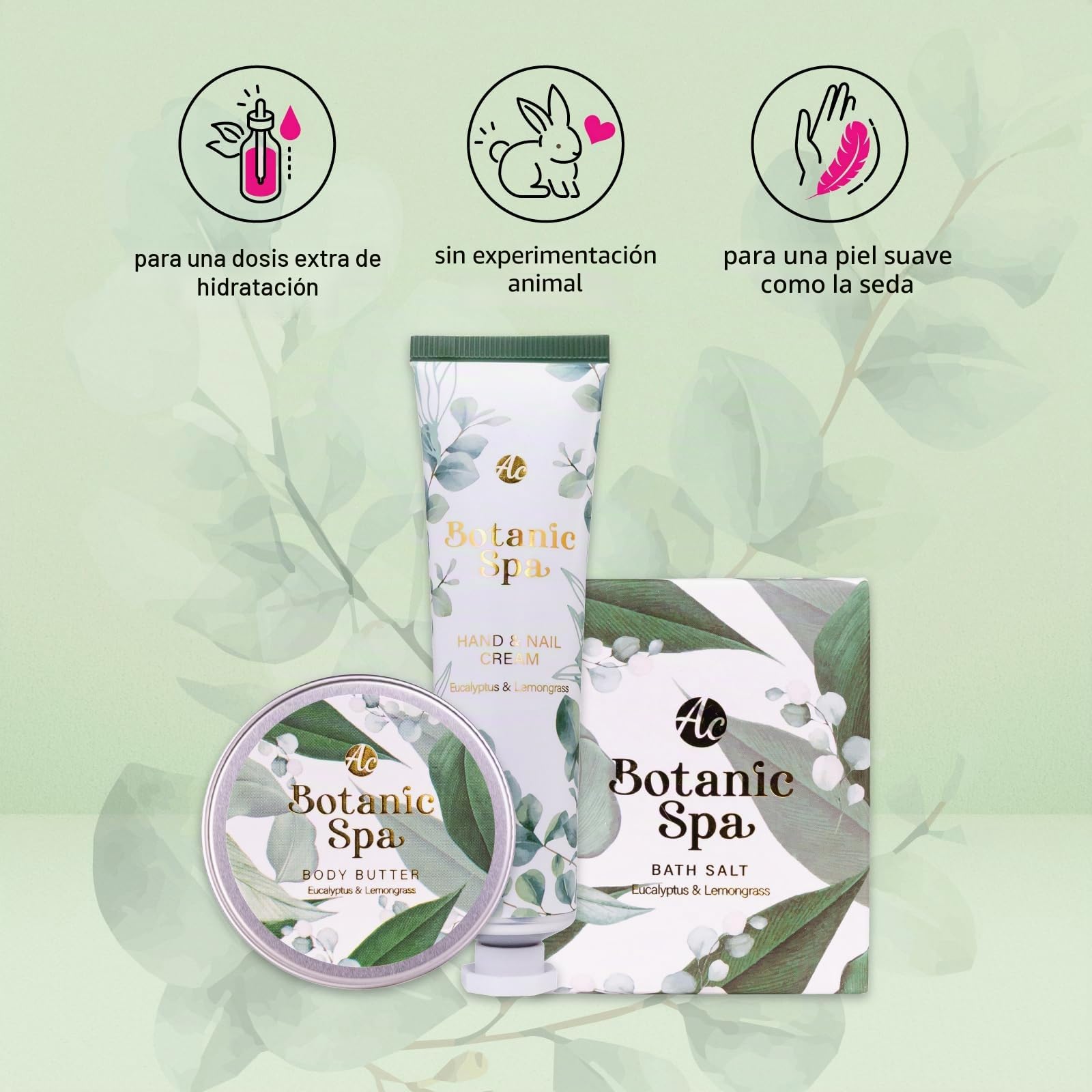 Accentra Set de baño para mujer BOTÁNICO SPA en bonita caja de regalo, set de cuidado de 3 piezas con crema de manos, mantequilla corporal y sales de baño, set de regalo para San Valentín y Día de la