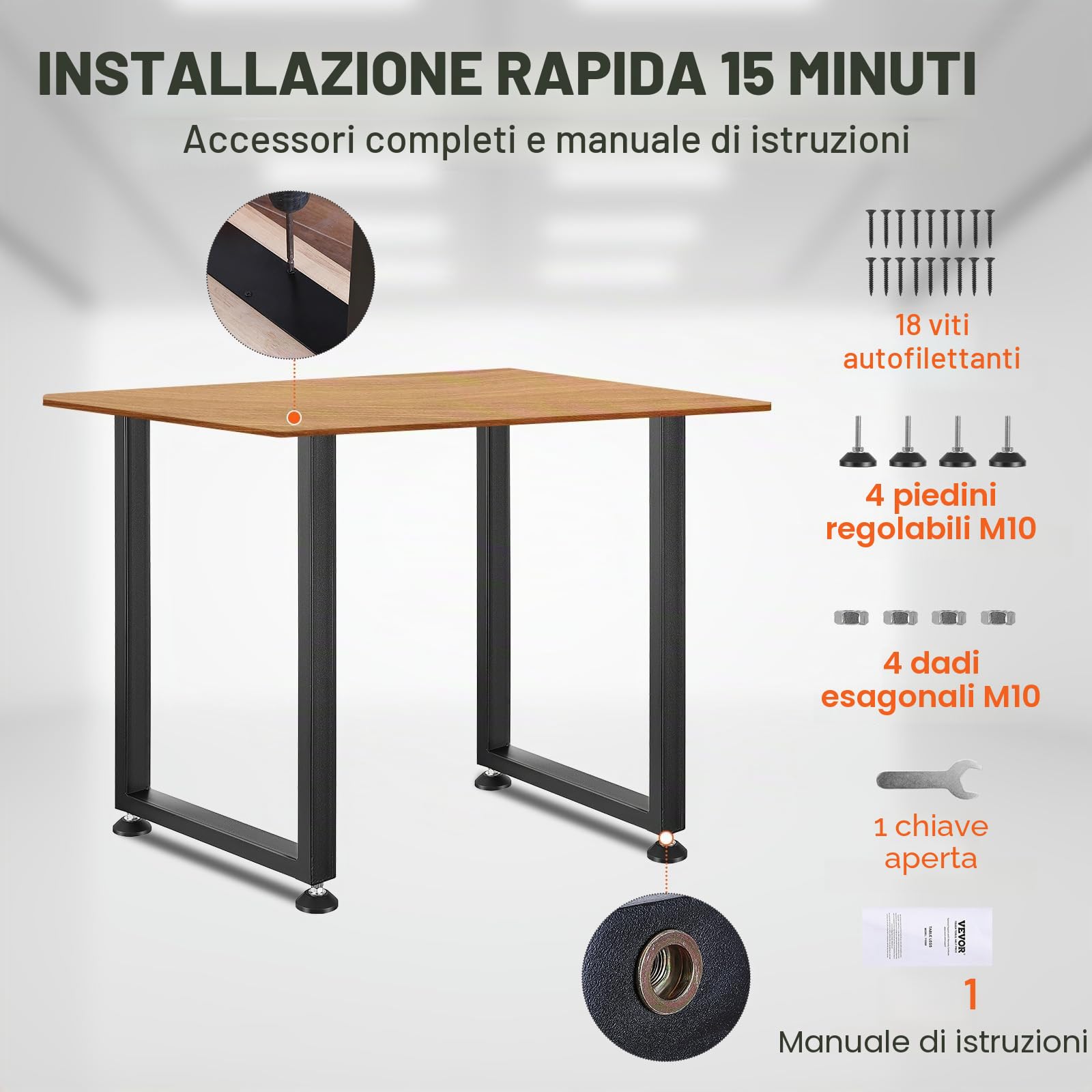 VEVOR Gambe per Tavolo Quadrate da 2 Pezzi con Piastra di Montaggio, Kit di Gambe per Scrivania Lunghezza 71 cm in Acciaio Capacità Carico max. 454 kg, Gambe per Mobili per Tavolo da Casa Ufficio