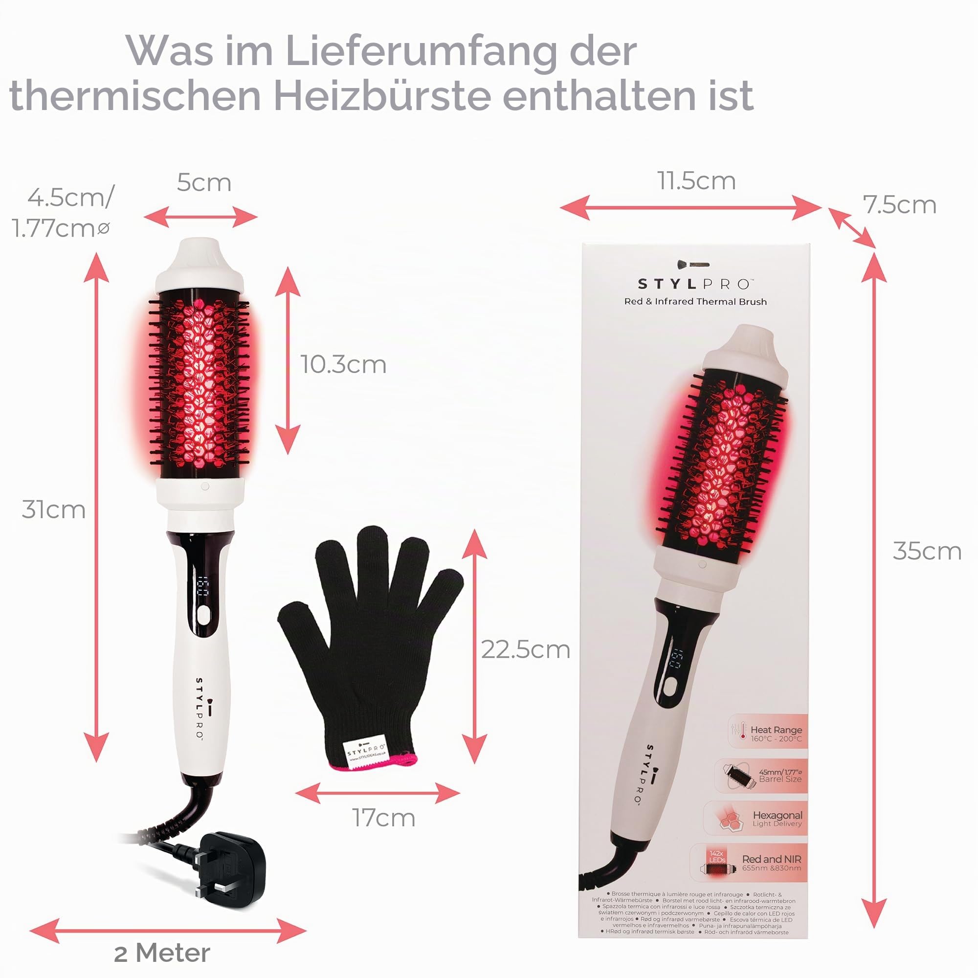 STYLPRO Thermobürste mit roten und nahen Infrarot-LEDs - 58 NIR + 84 rote LEDs, keramischer Zylinder, regulierbare Hitze, leichte Blowout- und Lockenbürste für alle Haartypen