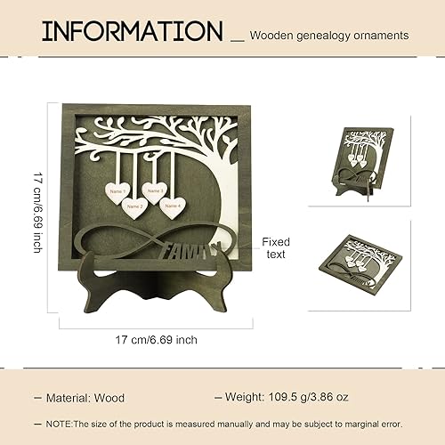 Vista 2 de Árbol genealógico con etiqueta de corazón, placas de madera grabadas personalizadas, regalos personalizados para madres, padres, escritorio, nombres