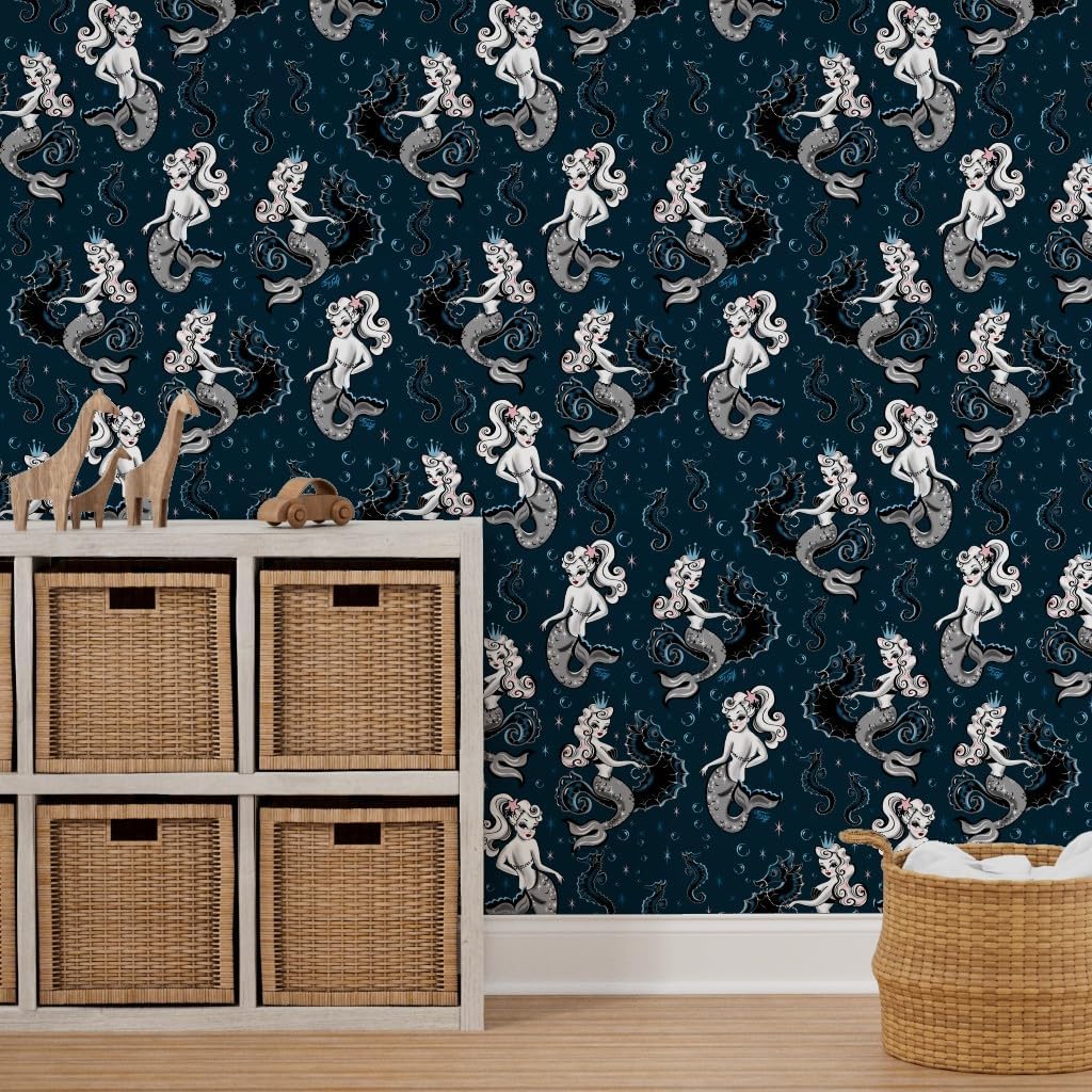 Peel & Stick Wallpaper 3ft x 2ft - Mermaid Medium Mermaids Retro Vintage Seahorse Custom Removable Wallpaper by Spoonflower