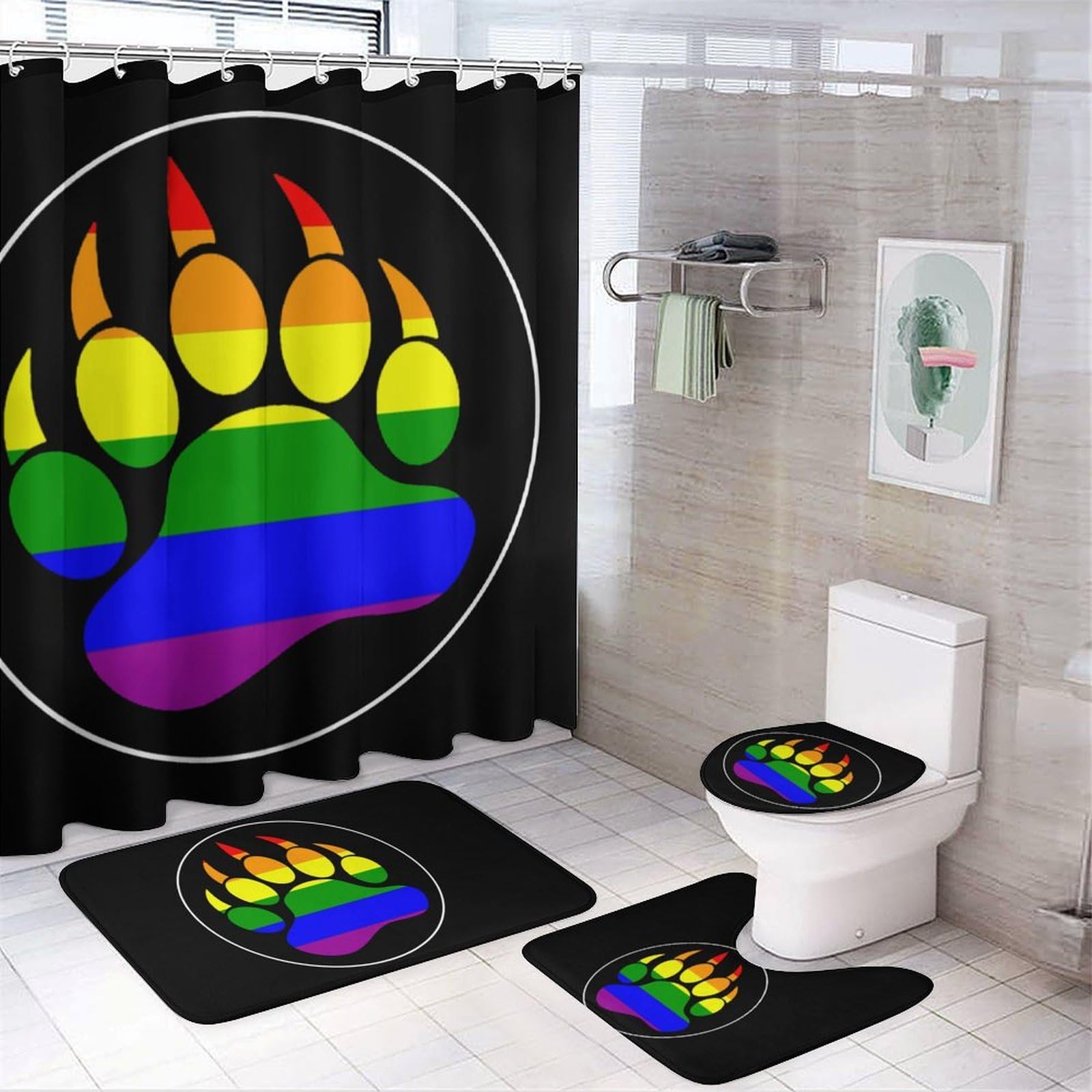 CGSBNGHA LGBT Gay Rainbow Bear Paw Shower Curtain Set 4 Piece Bathroom Sets with Rugs Toilet Lid Cover And U-Shaped Floor Mat