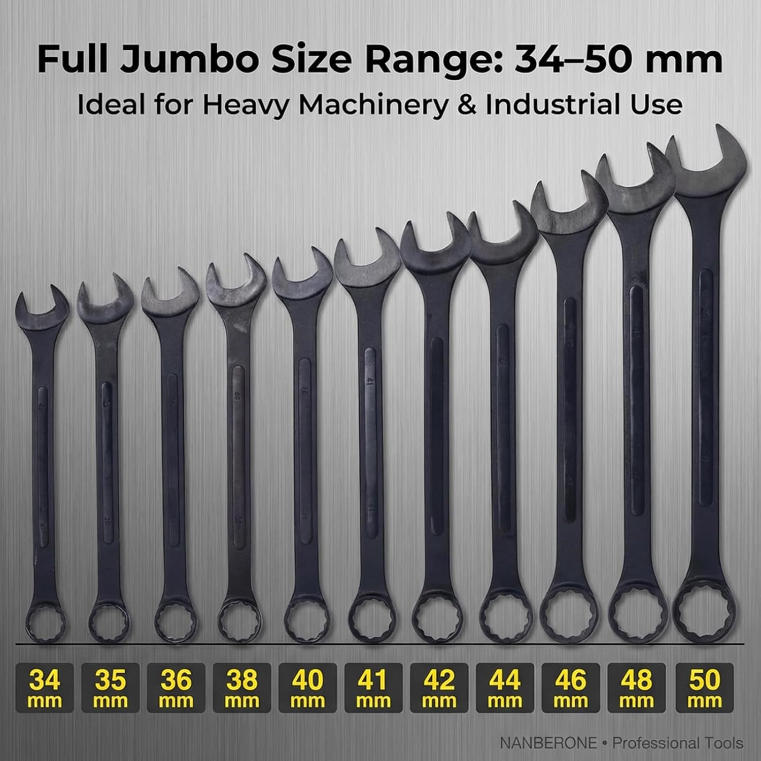 11PC Oversized Metric Combo Wrench Set (34–50mm), Industrial-Grade Chrome Vanadium Large Wrenches for Construction & Farm Equipment, Includes Reinforced Roll-Up Storage Bag – Black Oxide