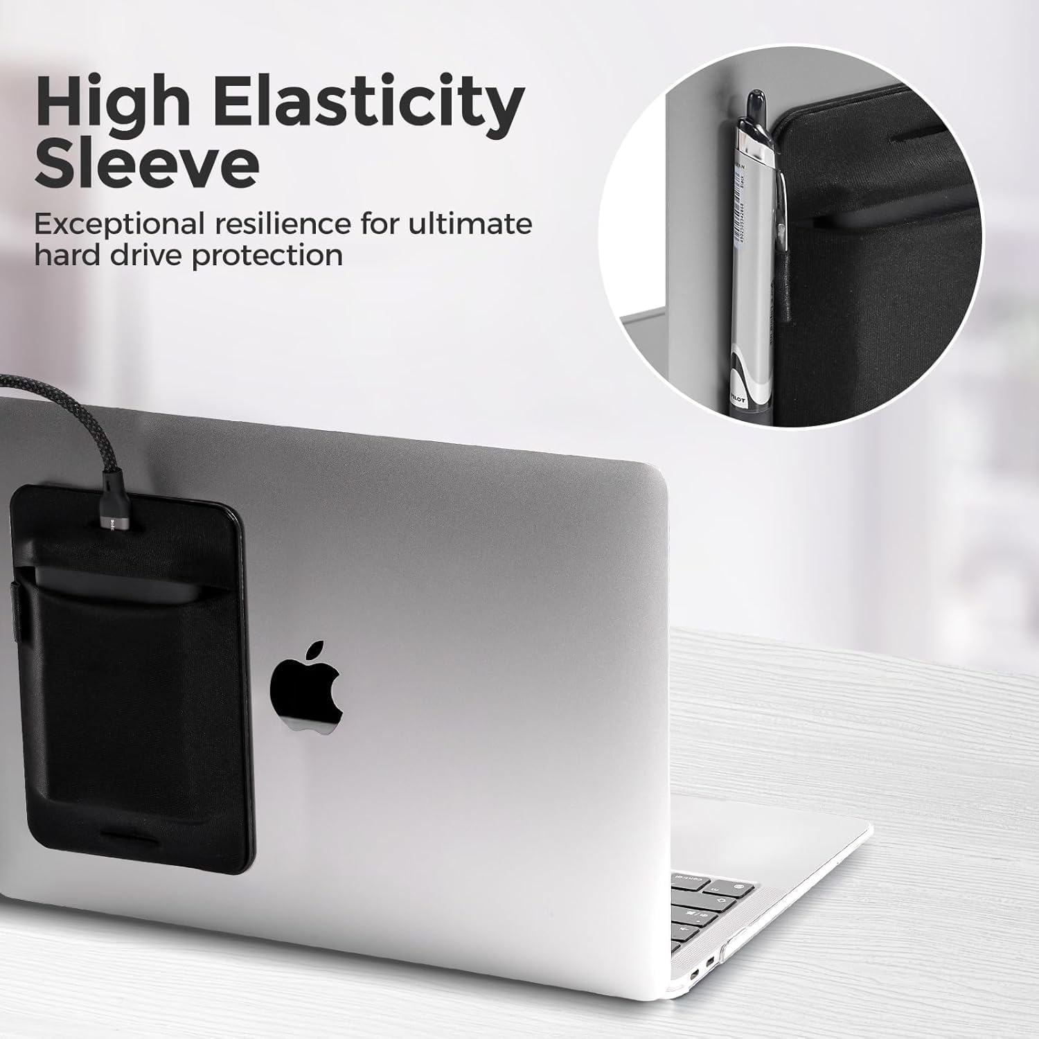 Adhesive Portable Hard Drive Sleeve & Carrying Case for Laptop External SSD Solid State Drive 2 Pack, Reusable Stick-On Storage Pouch with Secure Flap & Cable Hole, 5.12x3.3x0.11 Inches (Black+Black)