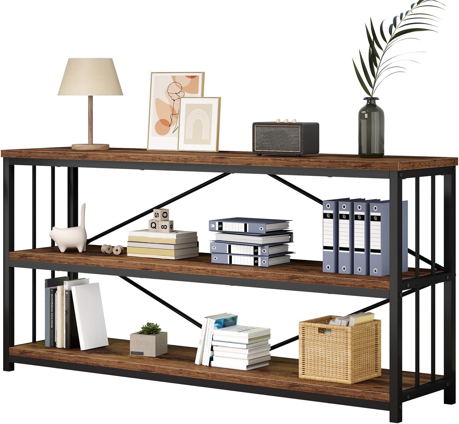 IBF Low Rustic Bookshelf, Industrial Horizontal Bookcase Rustic Brown 63 in