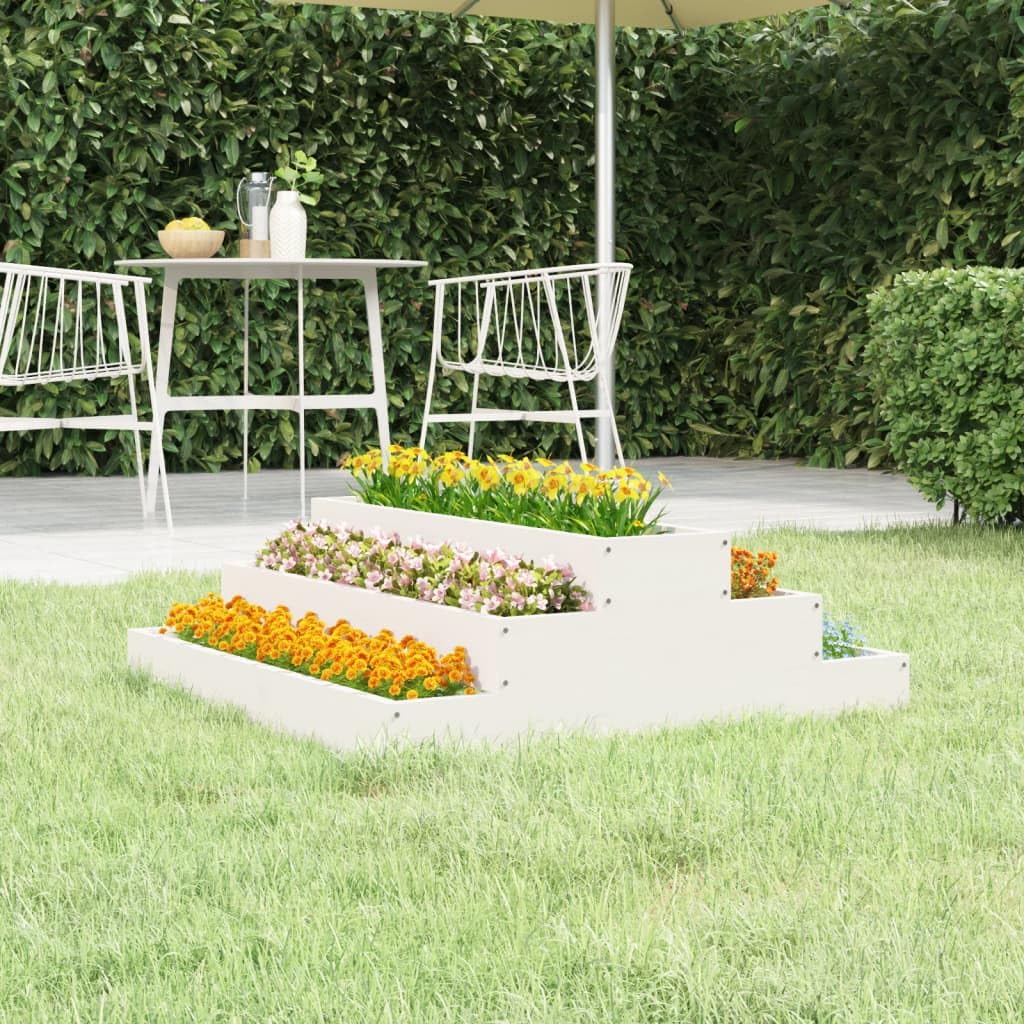 Bancal elevado de 80 x 80 x 27 cm de pino macizo blanco, diseño de escaleras para balcón y jardín, robusta maceta con escalones para verduras y hierbas