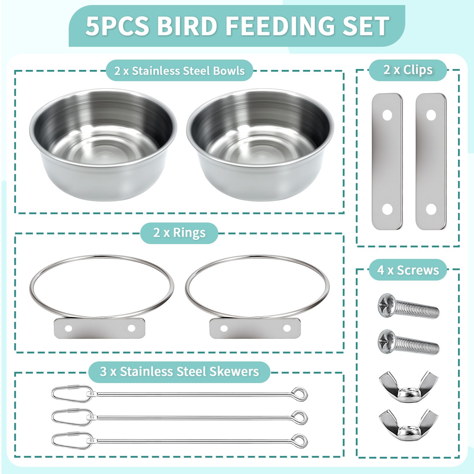 2 Pcs Bird Feeder Bowls with 3 Pcs Food Holder for Cage, Parrot Food Water Bowls and Fruit Skewer Foraging Toy, Stainless Steel Bird Feeding Dish Cups for Small Animals (Silvery, 5 Pcs) - image 3