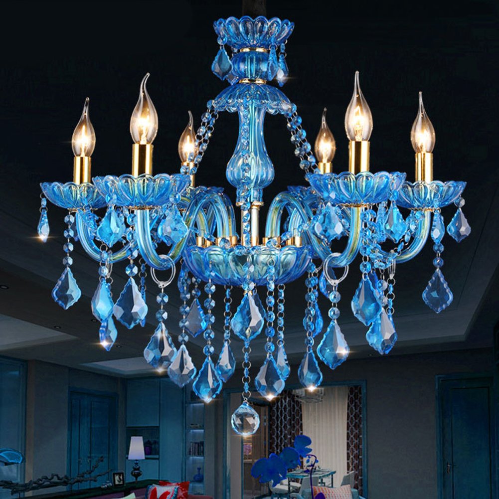 Aiwen Sala da Pranzo Lampada da Soffitto Lampadario a Candela Di Cristallo Blu Vetro Plafoniera Camera da Letto Luce Pendente Soggiorno Lampada 6 Luci