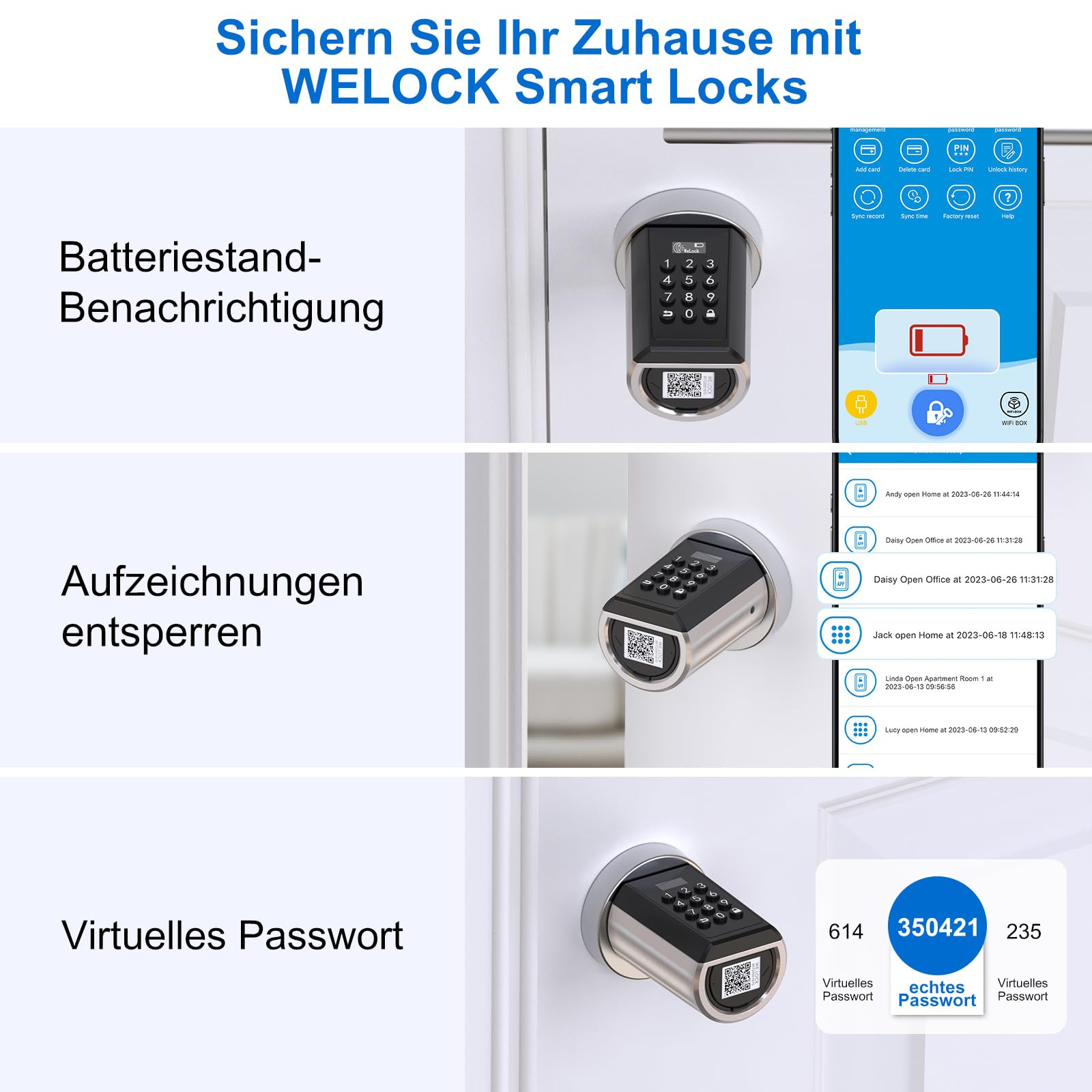 WELOCK Elektronisches Türschloss Haustür mit Pin Code, Wasserdichtes Elektronisches Türschloss mit Bluetooth und App, Geeignet für Türen von 50-100mm Dicke