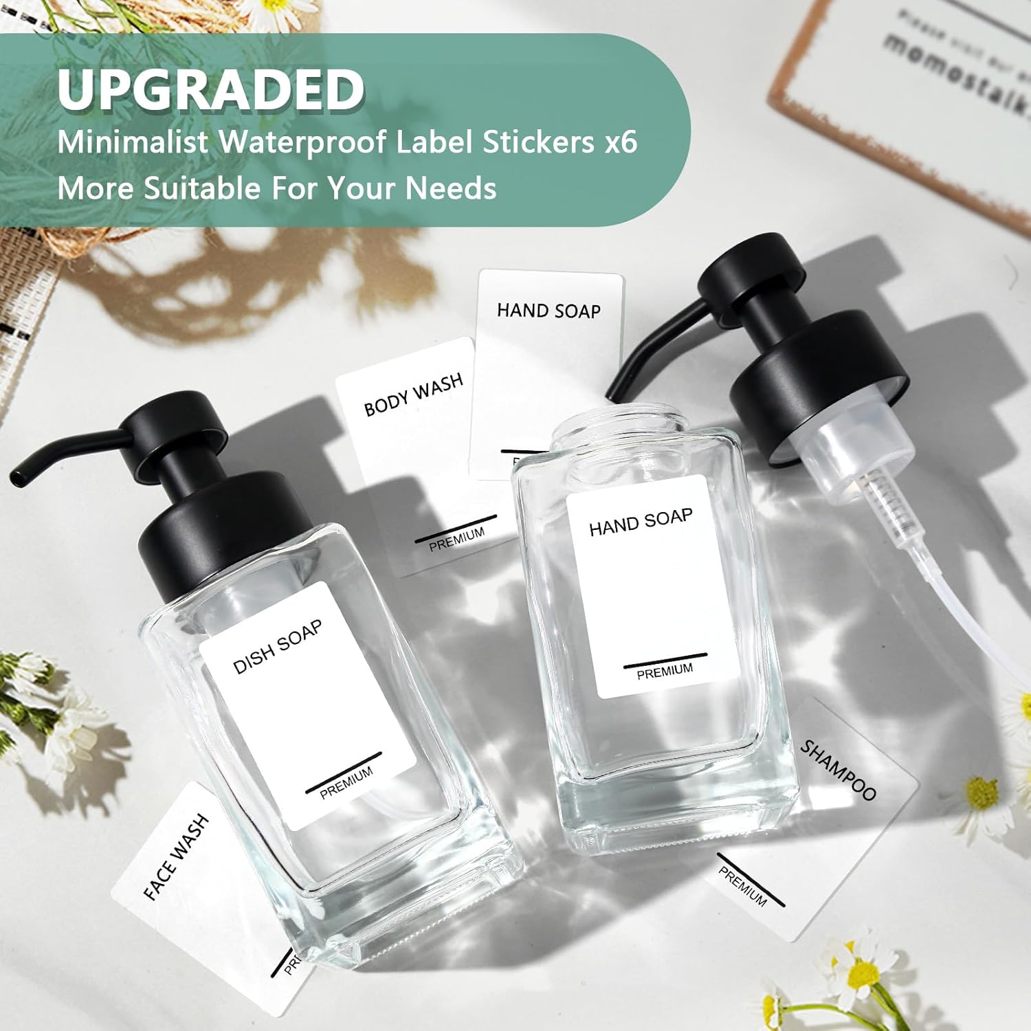 Foaming Soap Dispenser 2 Pack, 12oz/350ml Glass Foaming Hand Soap Dispenser Set with Stainless Steel Pump, Square Refillable Foam Pump Bottles for Bathroom&Kitchen,Includes 6 Labels - Image 5