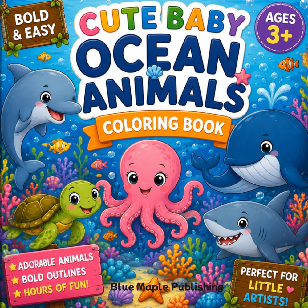 Cute Baby Ocean Animals Coloring Book: Bold & Easy Coloring Pages for Kids Ages 3+