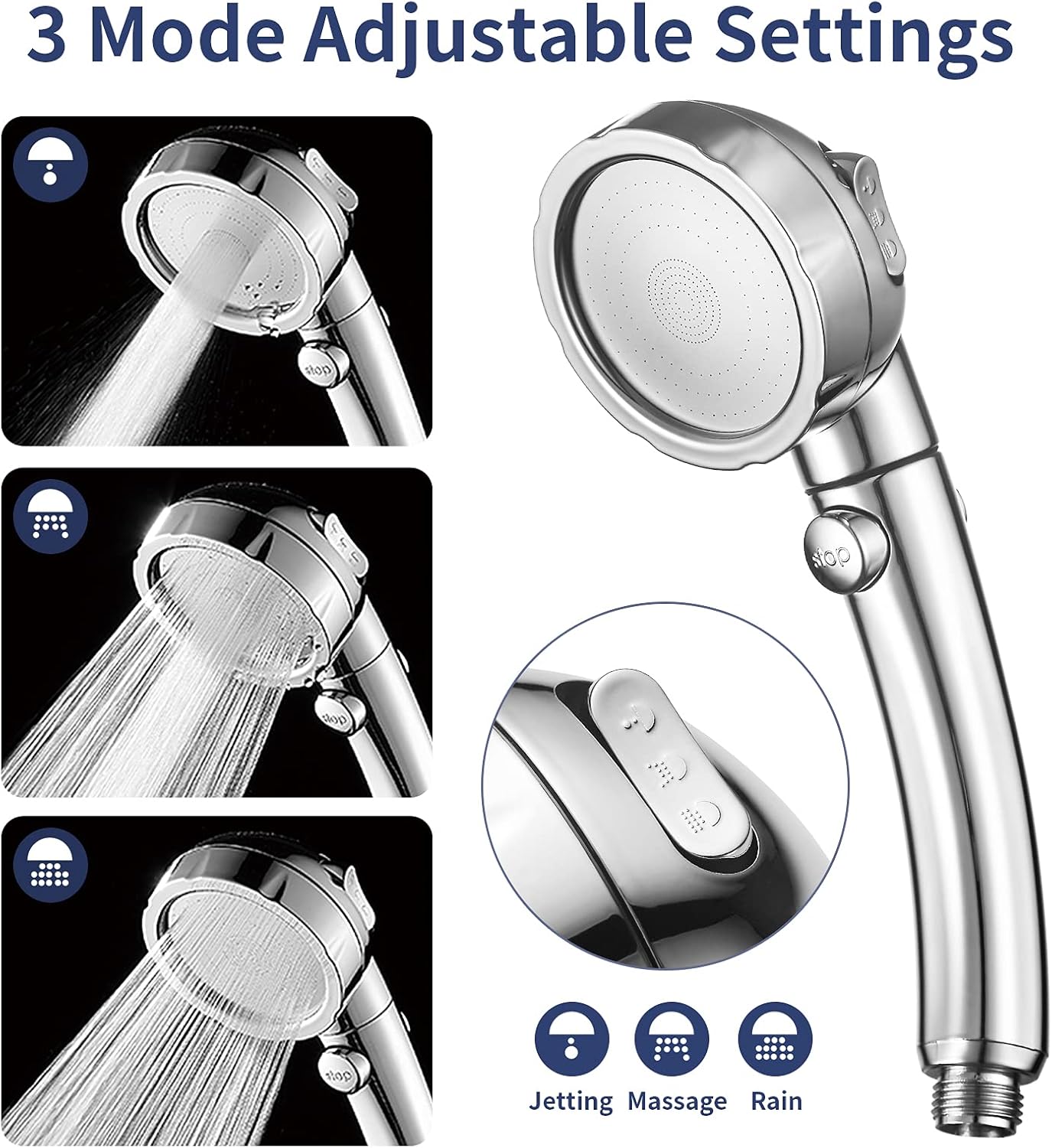 High Prure Shower Head with Pause Funct, 3 Spray Settings