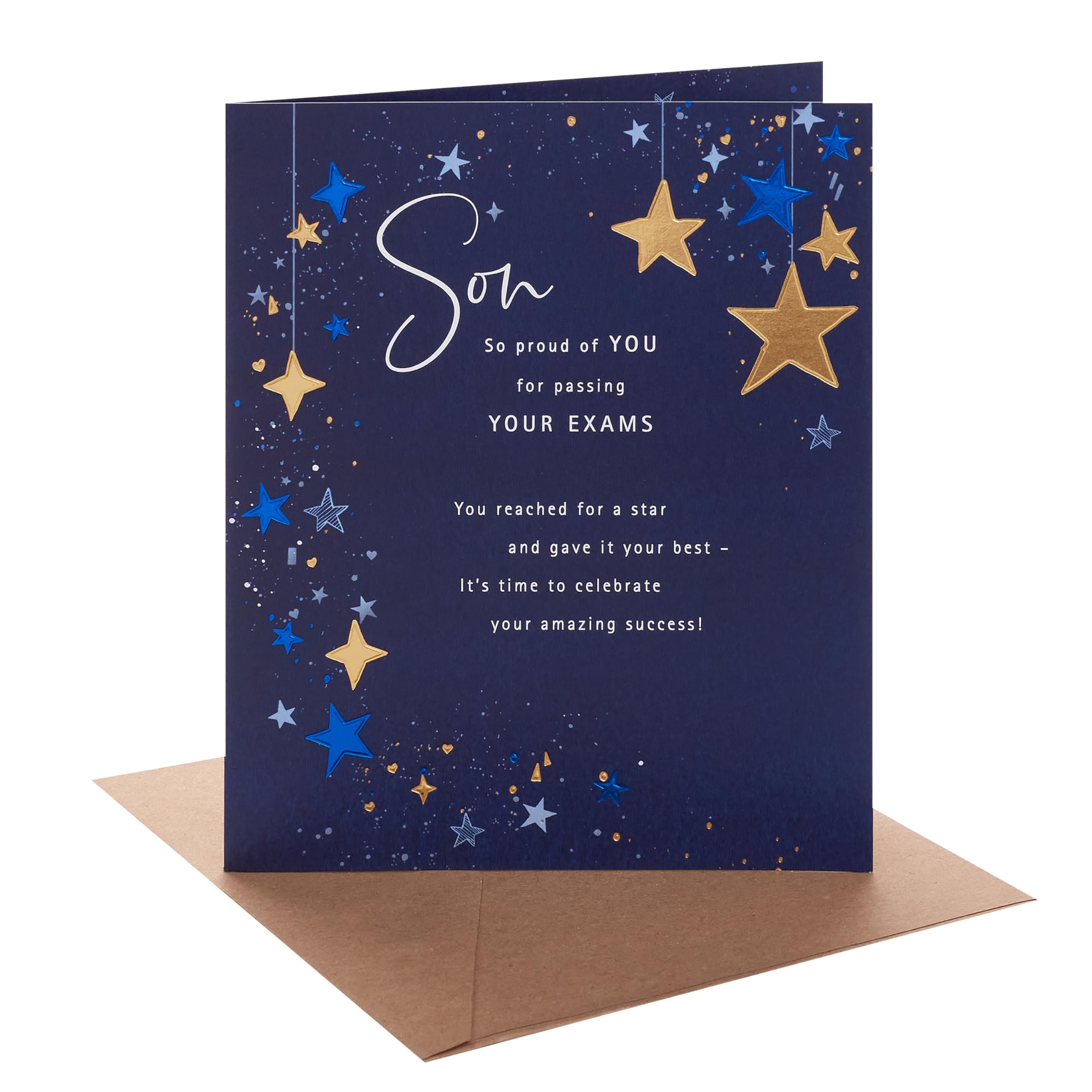 UK Greetings | Congratulations Card for Passing Exams Son | Congratulations/Proud of You | Him, Boys, Men | Hanging Stars Design | With Envelope | 15.9 x 18.4 cm