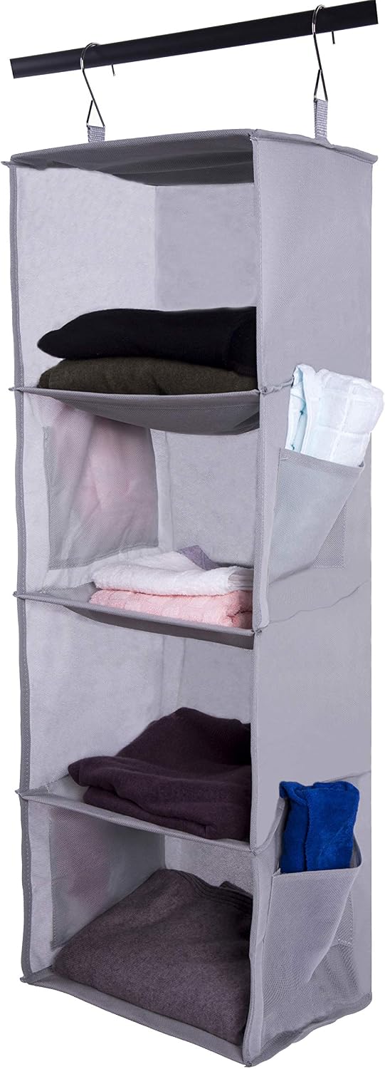 Amelitory Hanging Closet Organizer 4 Shelf Foldable Hanging Storage Shelves Fabric Gray