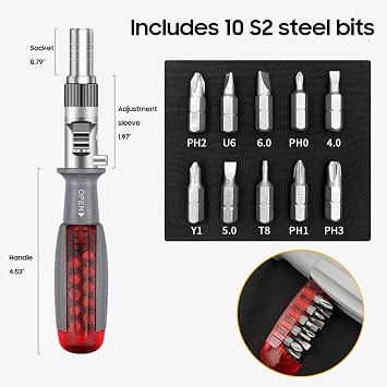 Multi-Bit Screwdriver Set, 10-in-1 Magnetic Screwdriver with Hidden S2 Steel Bits PH0-PH3/T8/U6/Y1, Adjustable Head
