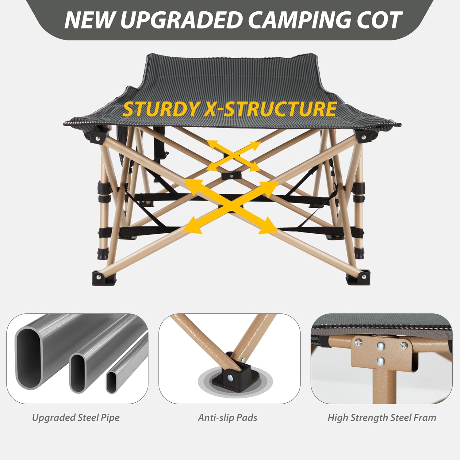 Folding Camping Cot for Sleeping, Portable Cots for Adults, Heavy Duty Cot Bed 550LBS(Max Load), Extra Wider Cots with Large Pocket for Outdoor, Office, Beach