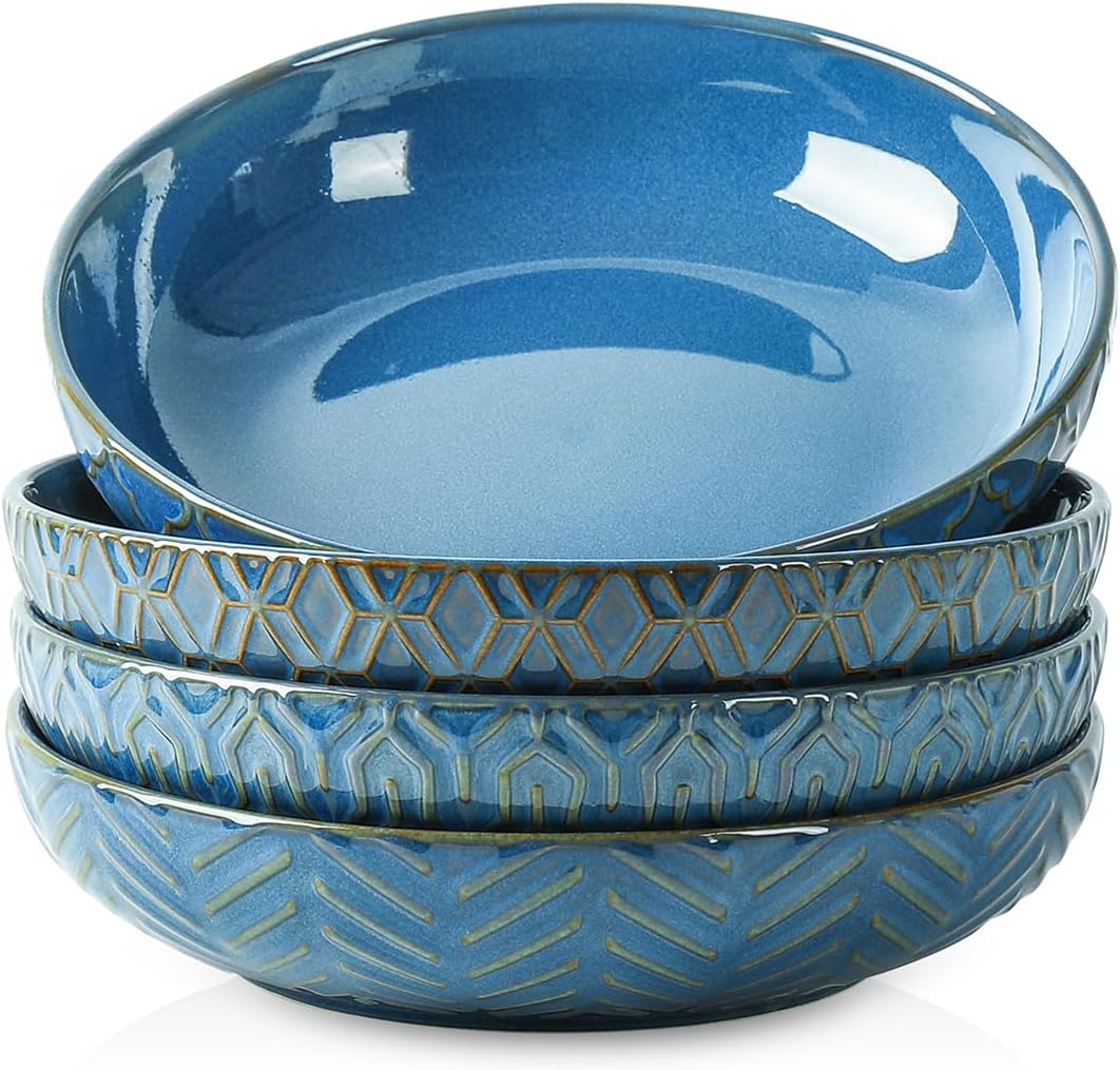 Sureasy Pasta Bowls Set of 4-30oz Large Embossed Serving Bowl Plates, 8.5 Inch Wide and Shallow Plate Bowls, Microwave, Oven & Dishwasher Safe, Blue
