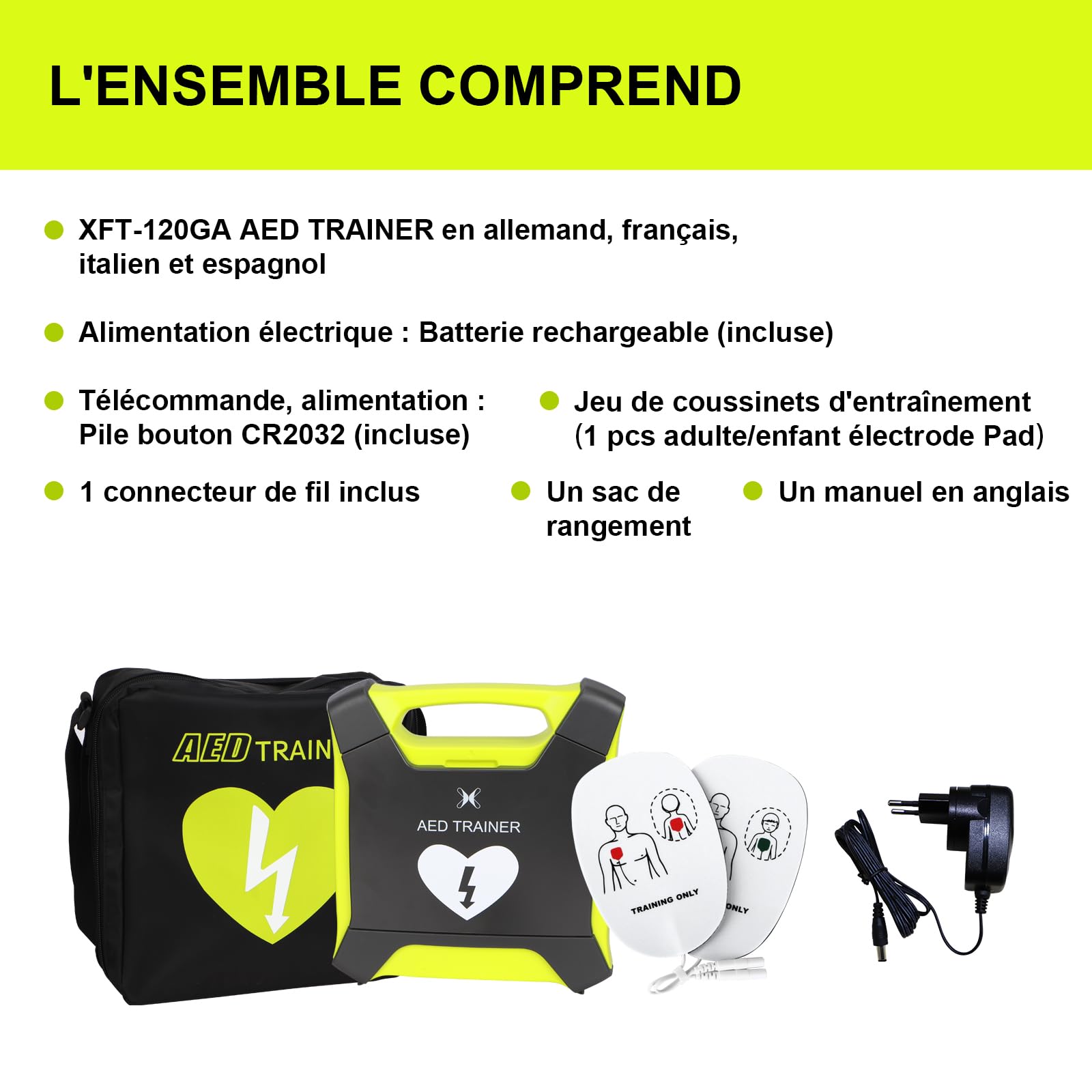 Rechargeable Défibrillateur de Formation, AED-Trainer XFT 120GA, Entraînement de Premiers Secours Pédagogique, 8 Scénarios Différents, Annonces Vocales en Français, Allemand, Espagnol et Italien
