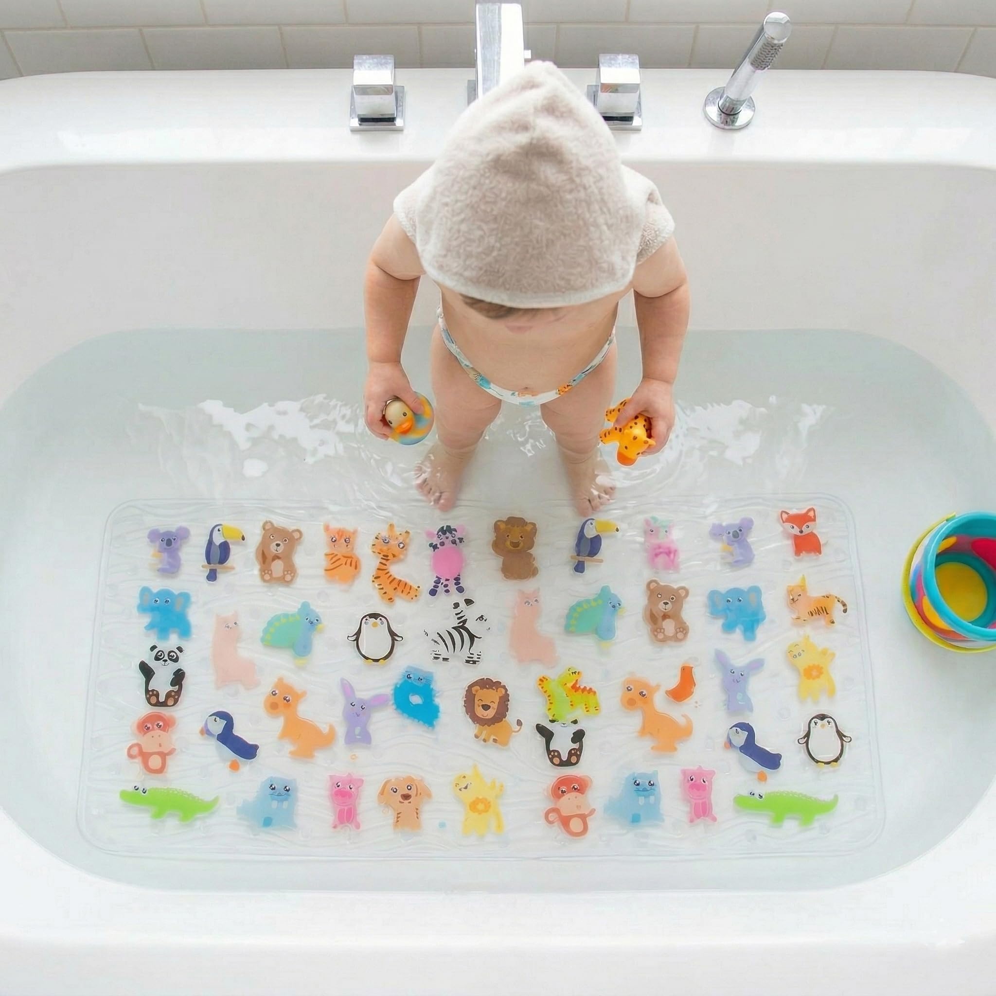 BEEHOMEE Cartoon Non Slip Bathtub Mat for Kids - 34x15 Inch XL Large Size Anti Slip Shower Mats for for Toddlers Children Baby Floor Tub Mats (Zoo)