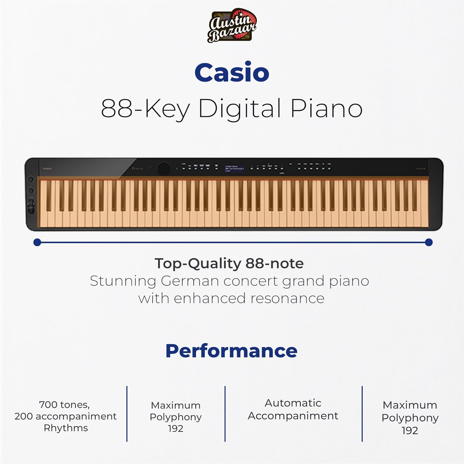 Casio Privia PX-S3100 Digital Piano - Black Bundle with Adjustable Stand, Bench, Headphones, Instructional Book, Online Lessons, Instructional DVD, and Austin Bazaar Polishing Cloth