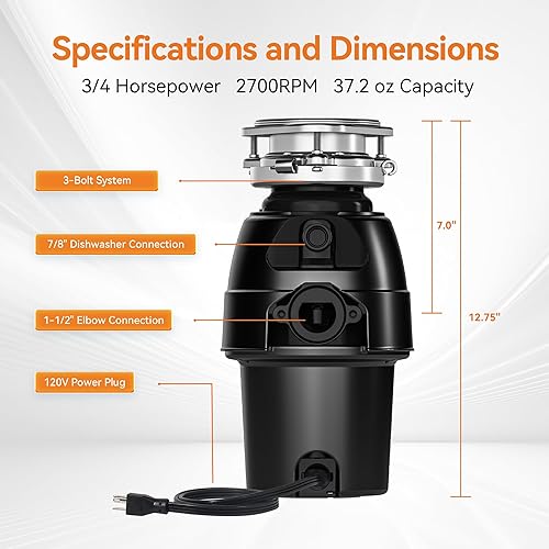 Miniatura 4 de Triturador de basura de 34 HP, triturador de basura de alimentos con cable de alimentación, sistema de molienda de acero inoxidable y montaje de 3