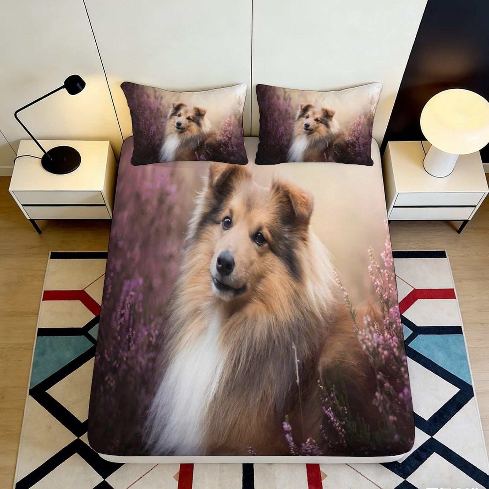 3D Printed Collie Dog Fitted Sheet Microfiber Soft Bed Cover Pastoral Meadow Mattress Cover for Bedroom Guest Room Decor 90x200x25cm