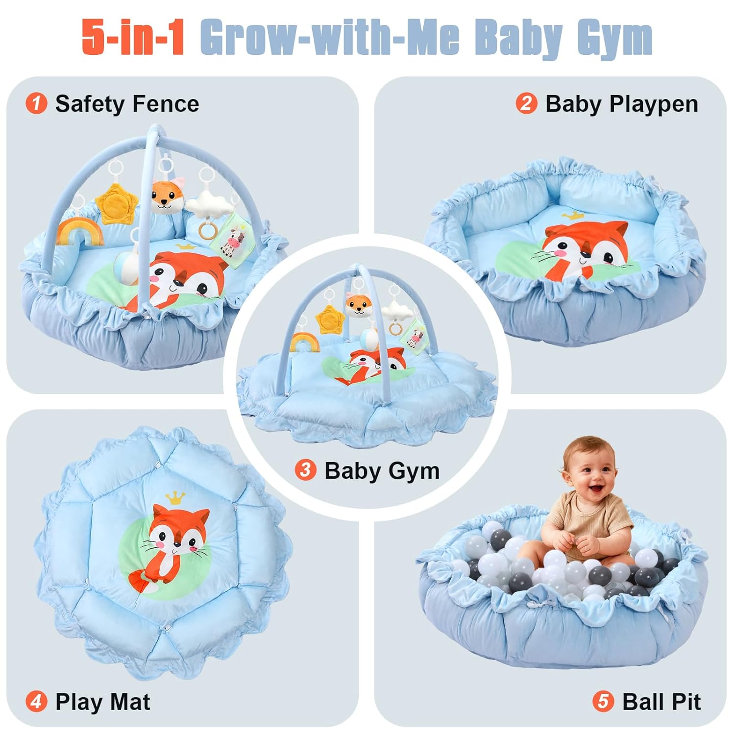 5-in-1 Baby Gym Play Mat with Cartoon Pattern, Extra Thick Plush Tummy Time Activity Gym with Hanging Toys, Sensory Development & Motor Skills Training Floor Mat, Fox