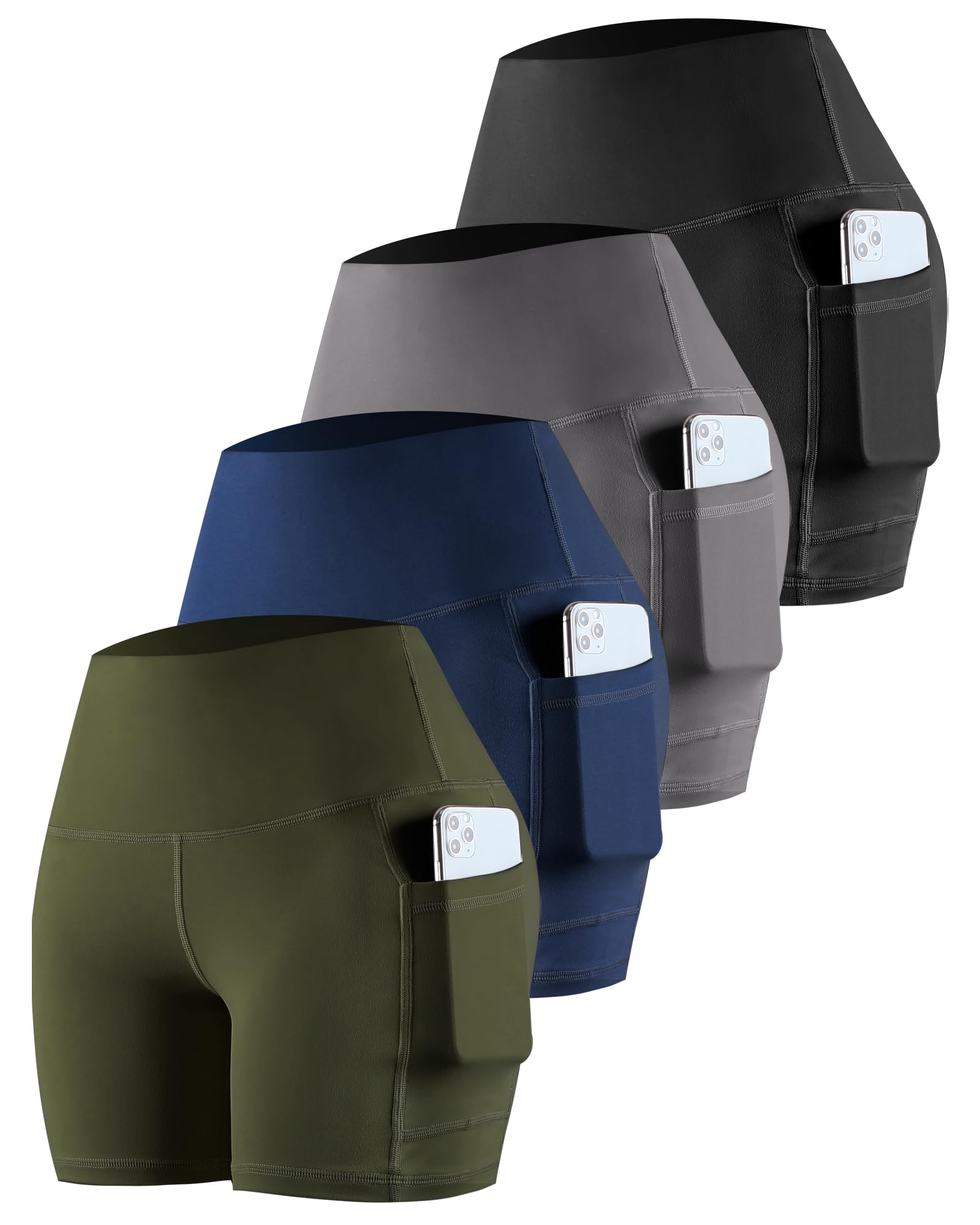CHRLEISURE Womens Biker Yoga Shorts with Pockets: High Waisted Tummy Control Spandex Workout Athletic Gym Shorts 4 Packs