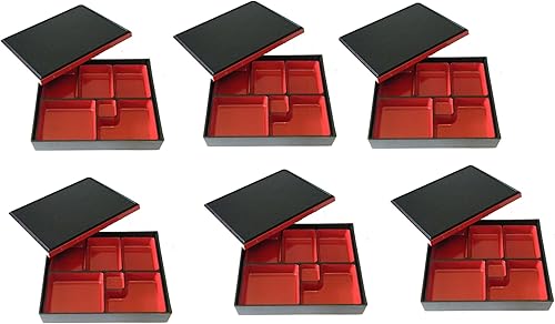 Miniatura 10 de JapanBargain, Lonchera Bento tradicional japonesa de plástico lacado rojo y negro, 6 compartimentos para restaurante o hogar, juego de bandejas y