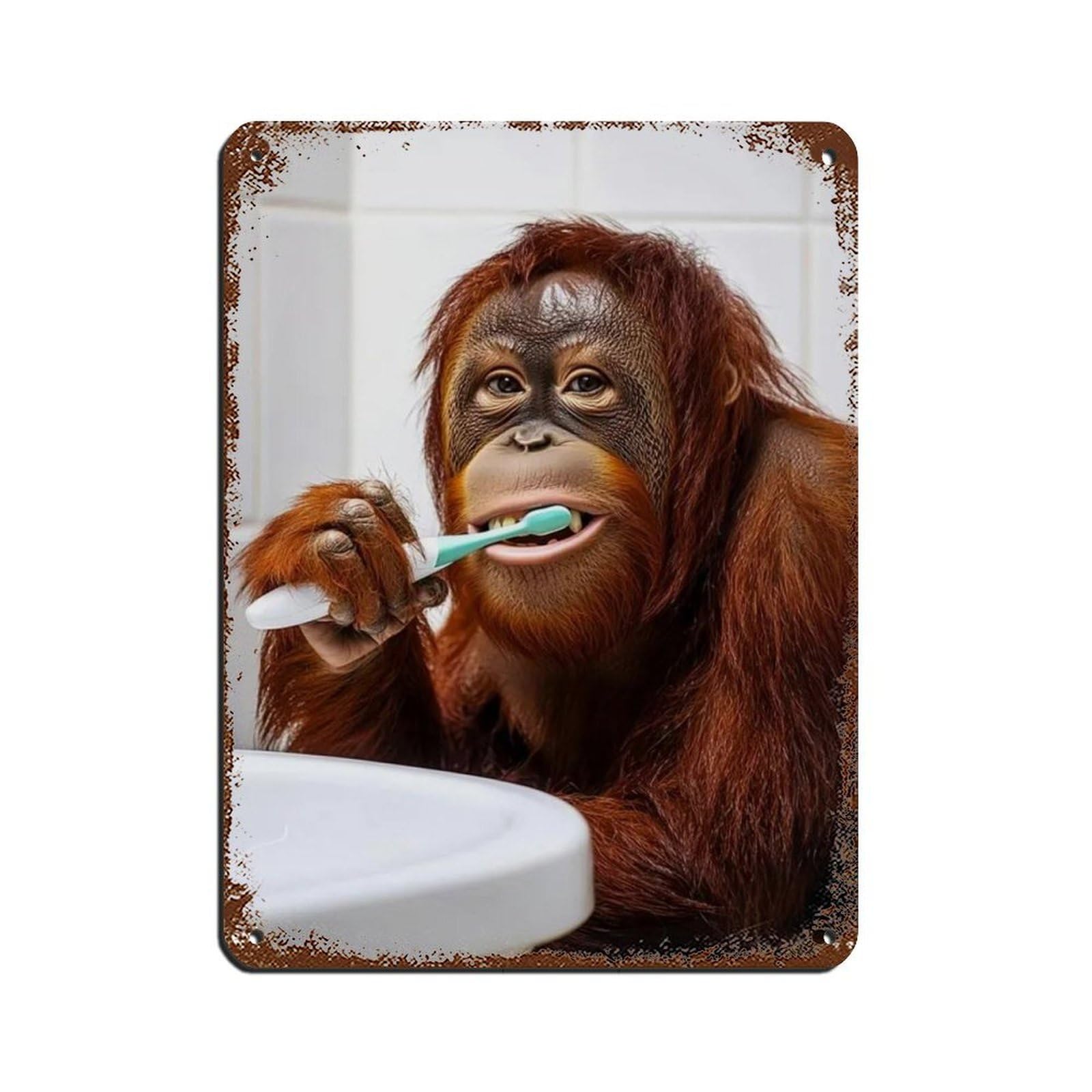 Orangutan Brushing Teeth, Funny Bathroom Art Tin Sign Vintage Metal Pub Club Cafe Bar Home Wall Art Decoration Poster Retro 12x16inch(30x40cm)