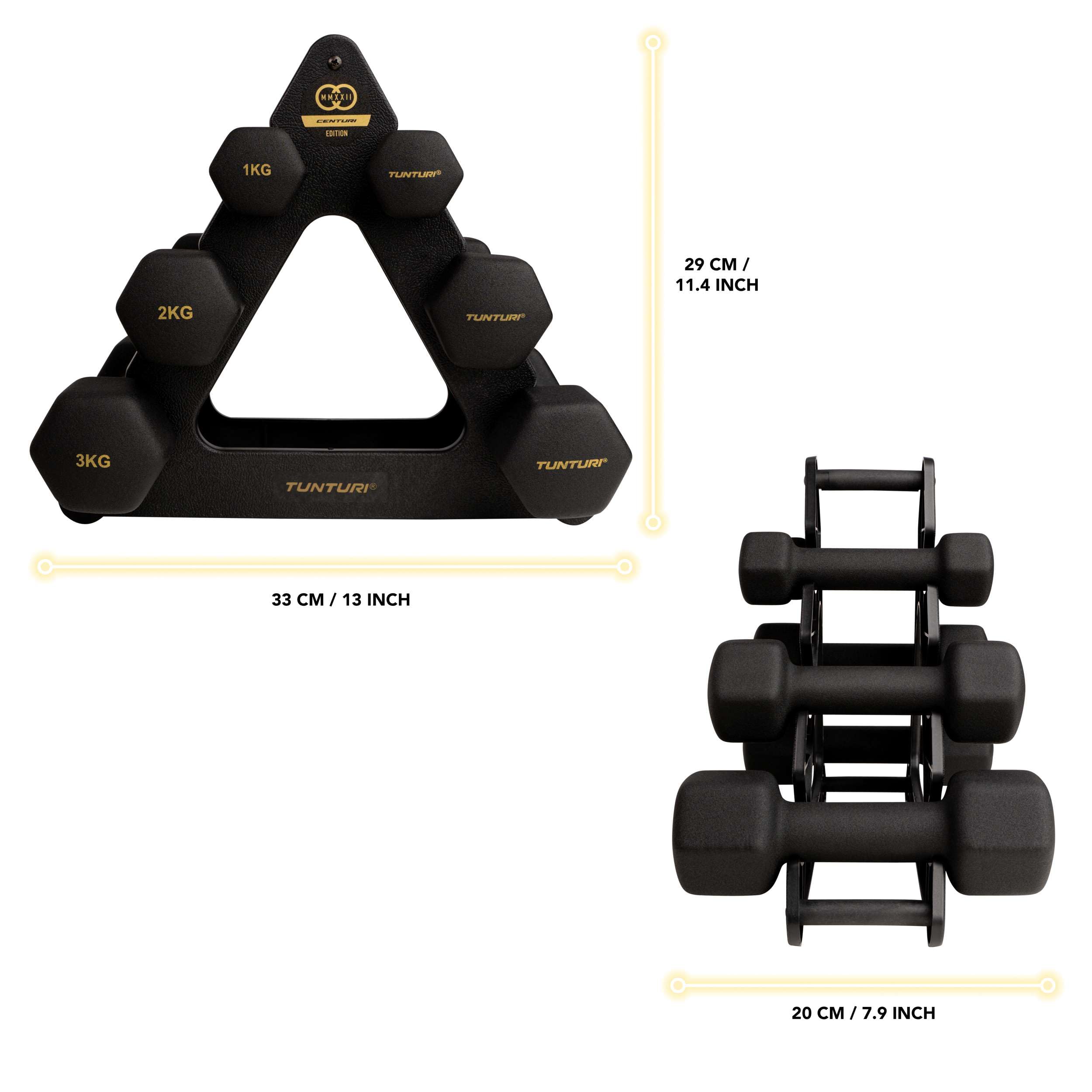 Tunturi Centuri 6er Set Kurzhanteln mit Rack, Hantelset mit je 2 x 1 kg, 2 kg, 3 kg, Kurzhantelset, Hanteln aus Gusseisen