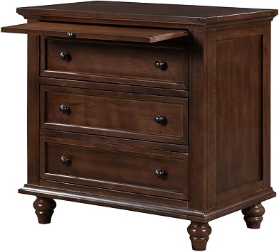 Solid Wood Bedside Table with Pull-Out Tray, Versatile Nightstand with 3 Drawers, Easy Assembly, Brown