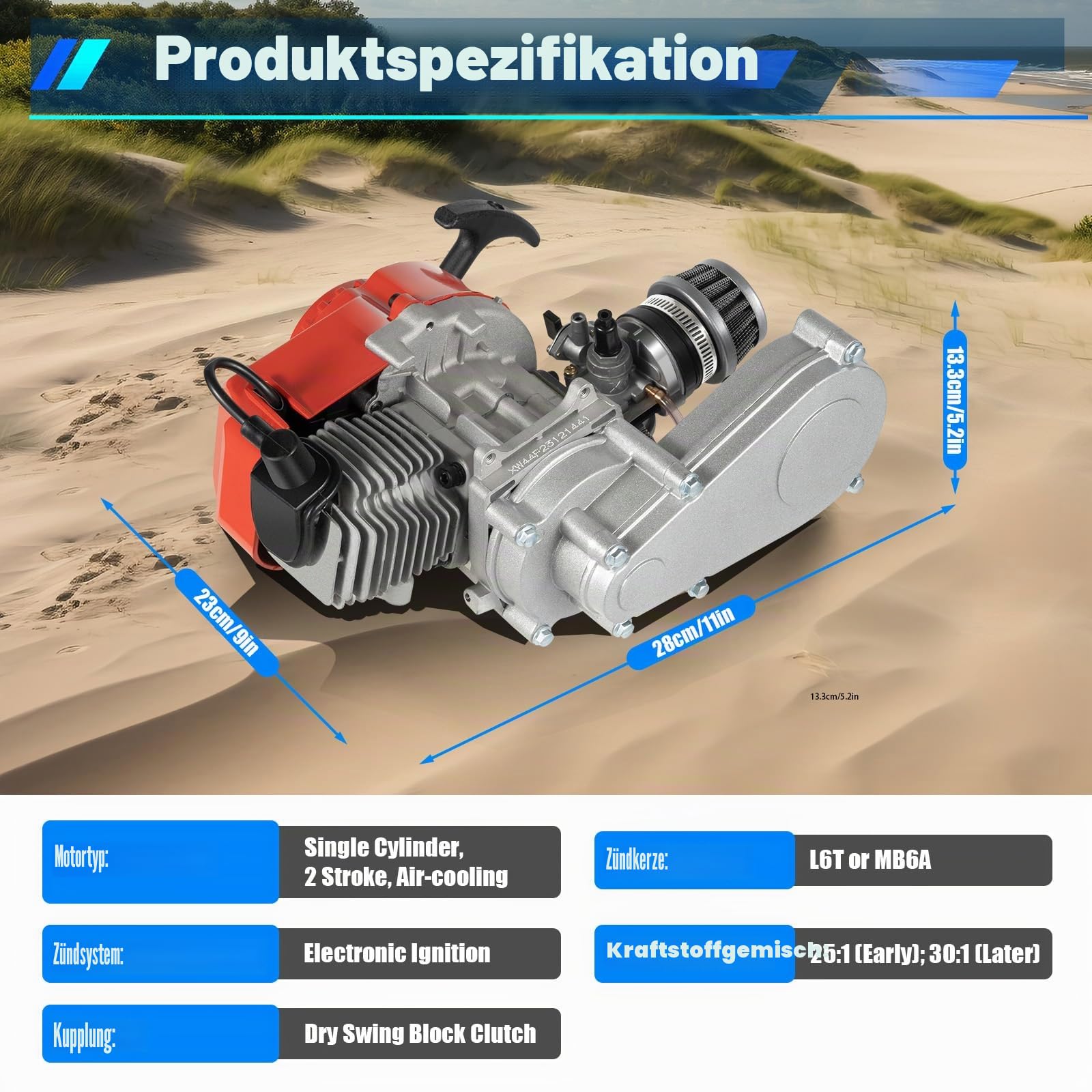 49ccm 50ccm Pocket Dirt Bike Motor, Einzylinder Luftkühlung 2-Takt 3PS Motor mit Elektronische Zündung und Seilzugstart für Mini-Dirt-Bikes, Atvs, Pocketbike