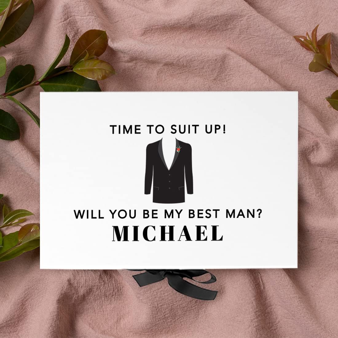 Andaz Press Custom Groomsman Proposal Box - Gift Boxes with Lids for Will You Be My Best Man Proposal Gifts, Premium White Box with Personalized Time to Suit Up Design & Ribbons, 10"x 7"x 4", 1-Pack