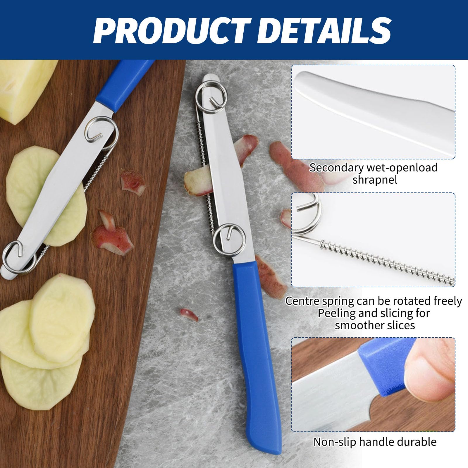 4-teiliges Clever Messer Set – Kartoffelschäler 3-in-1, Verstellbare Feder, Inkl. Strohbürste – Edelstahl, Blau
