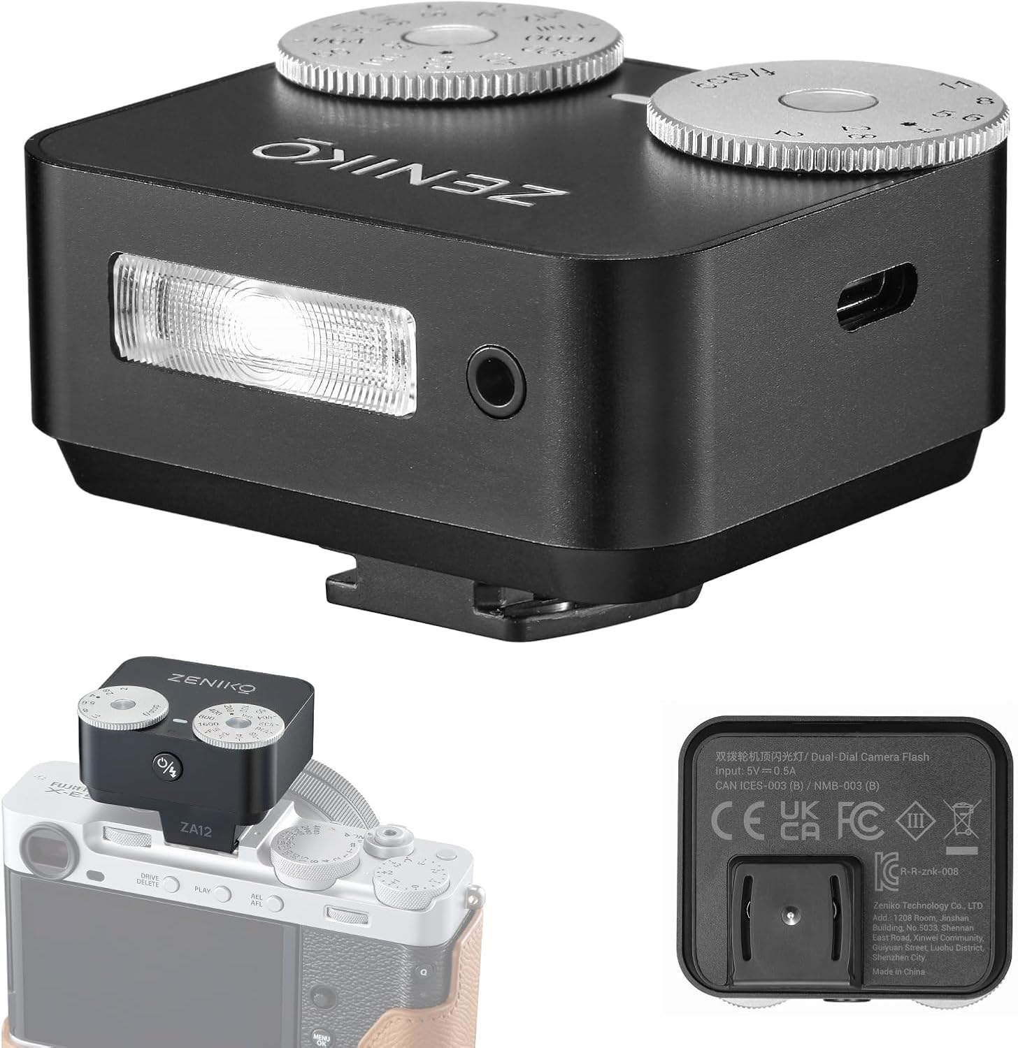 ZA-12B Dual Dial Retro Mini Flash - 2.5s Recycle, 7-Level Power, 400 Shots Single-Contact hotshoe Camera Flash for Fujifilm XM5/XT3, Sony A7M3, Ricoh GR3/4 Camera(Black)