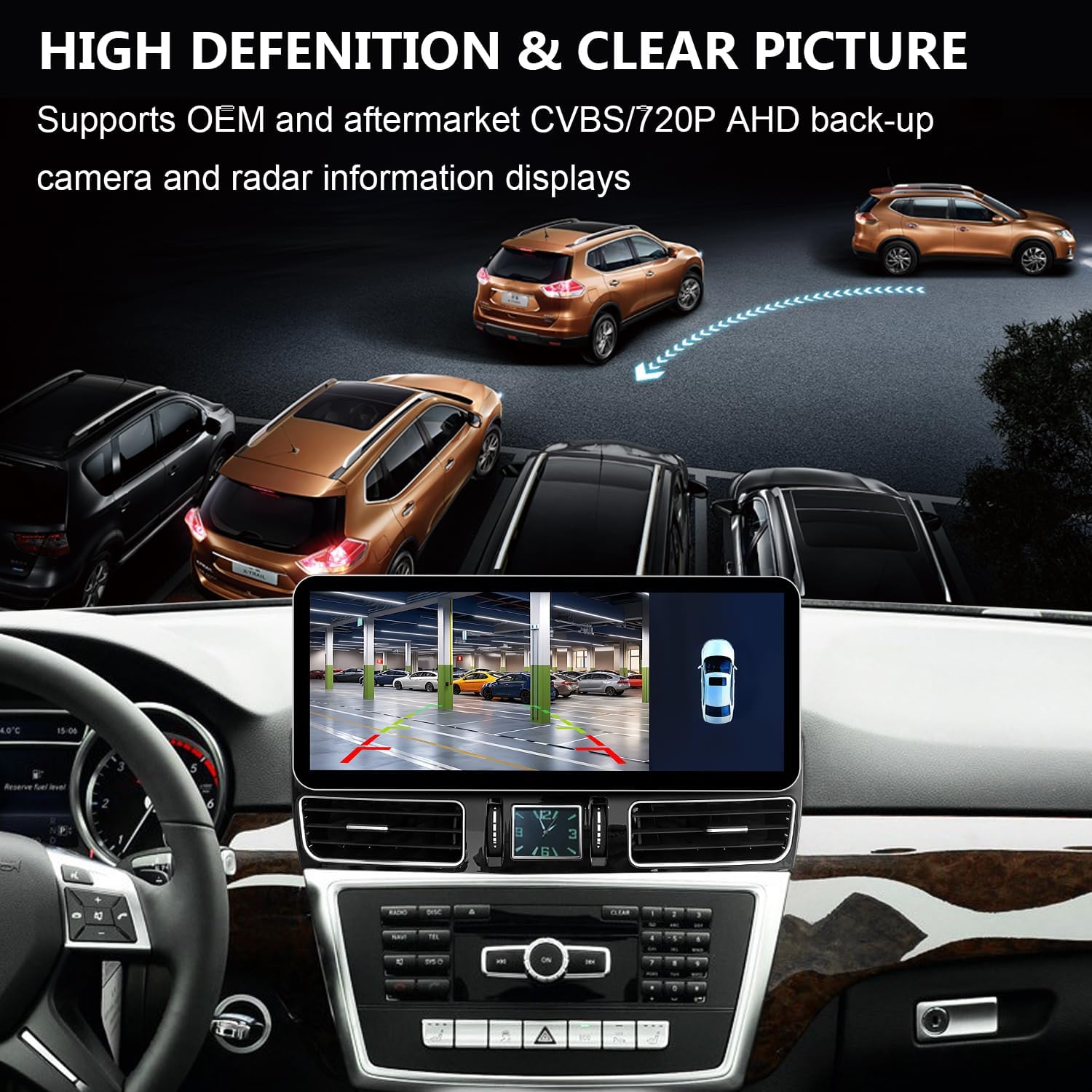 Image of a car's dashboard screen displaying a backup camera view with parking lines and radar information.