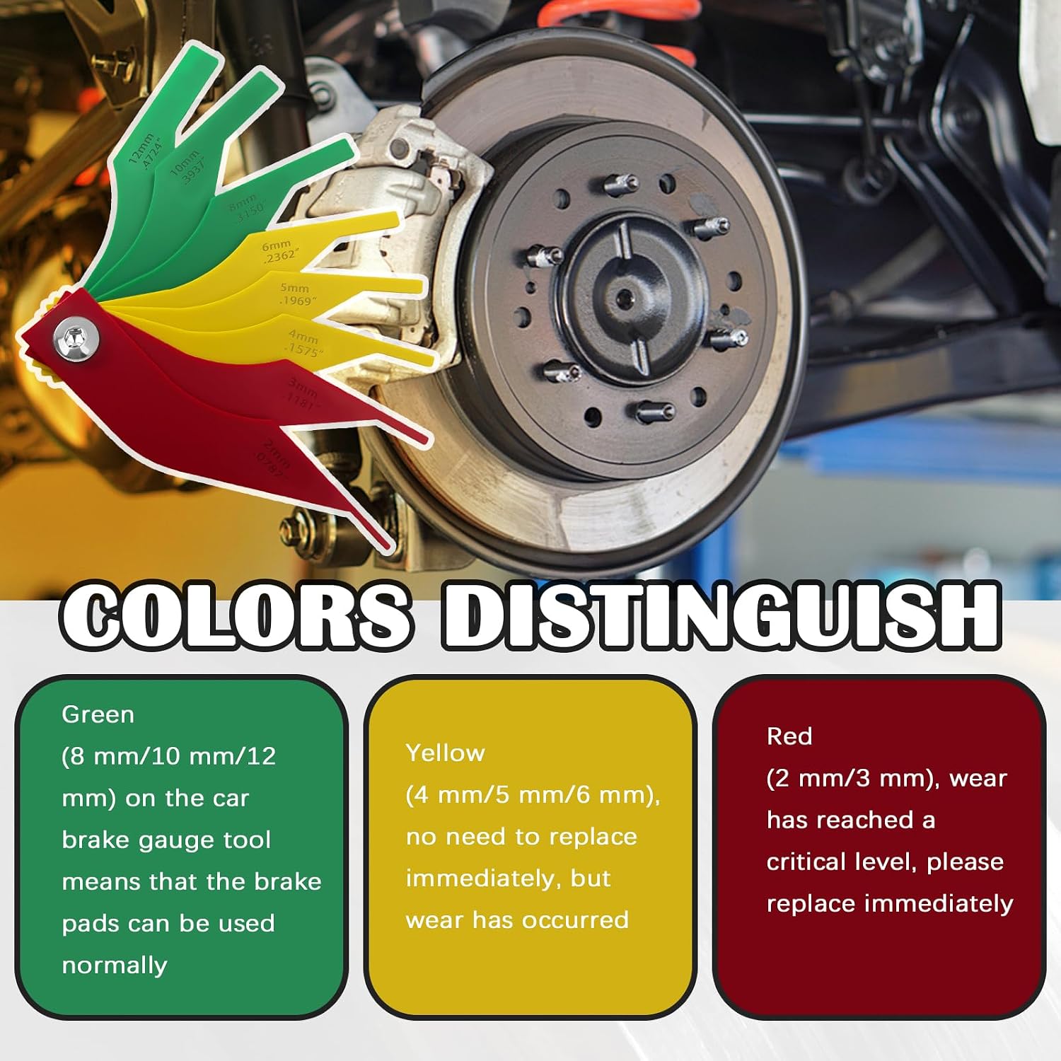 8PCS 2-12mm Car Brake Pad Measuring Tool,Plastics Color-Coded Car Brake Pad Gauge with Metric/SAE Size for Brakes Pads Thickness Measurement,Drum/Disc Brakes Pads Thickness Gauge