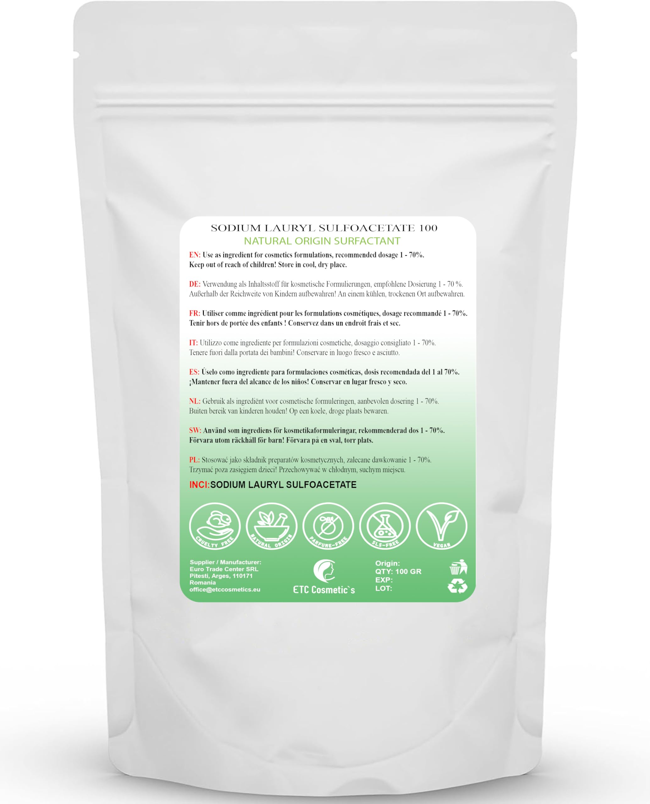Surfactante SLSA, 100gr | Lauril sulfoacetato de sodio | Jabón espumoso Bombas de baño Barras de burbujas | Surfactante de origen natural y sin perfume