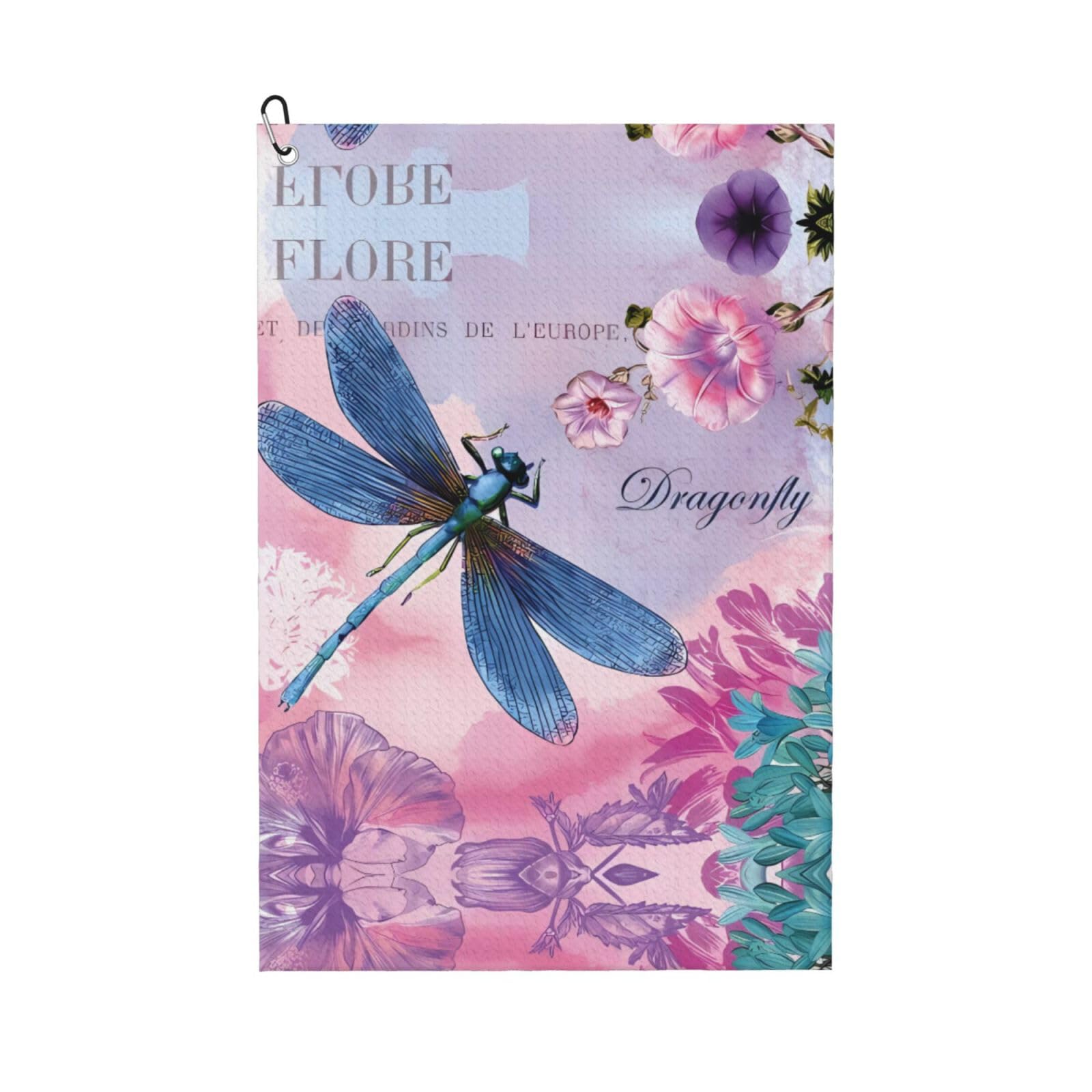 ZHAOUR Pink flower and blue dragonfly Print Golf Towel for Men & Women â€“ Perfect for Golf, Yoga, Gym, Hiking with Carabiner Clip