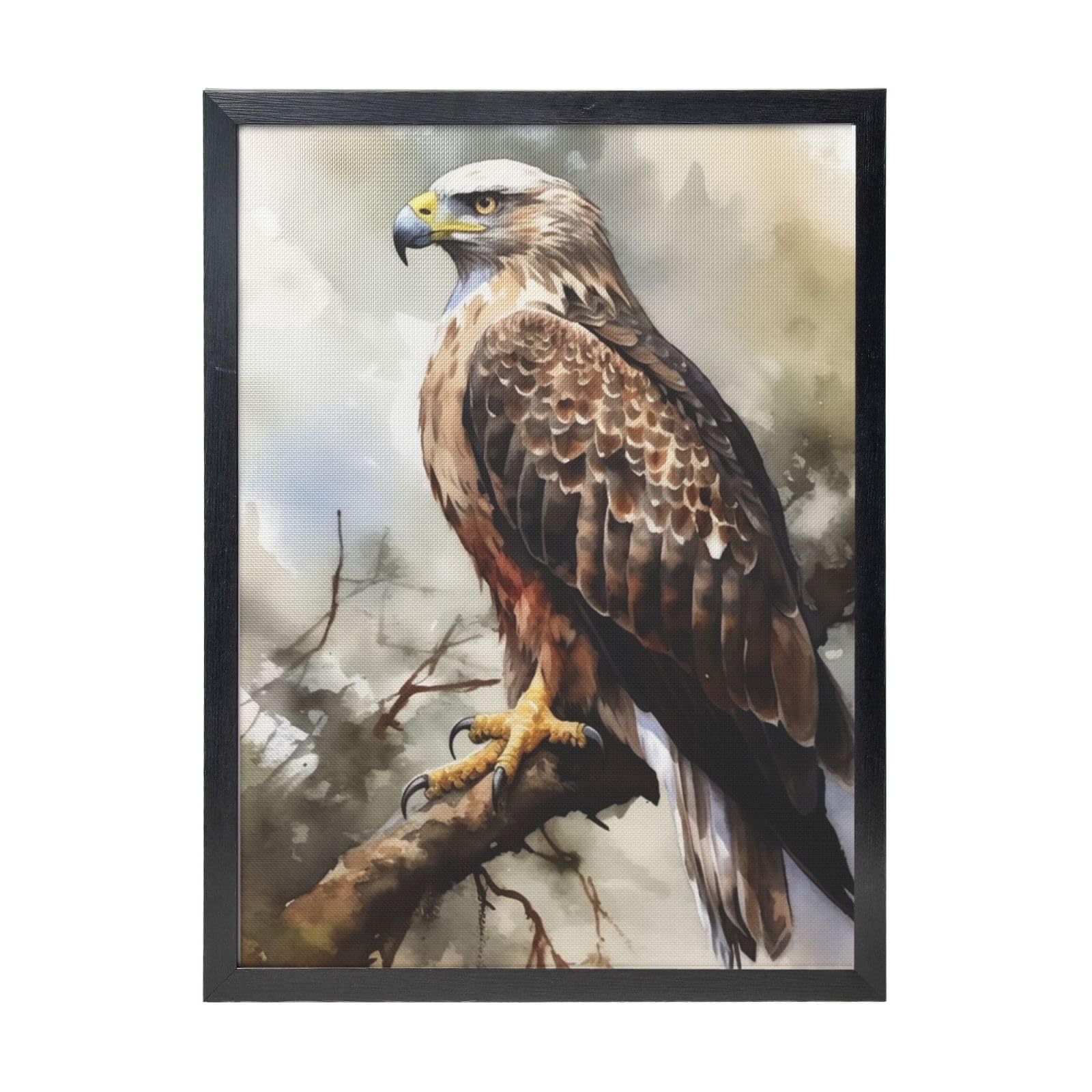 Framed Wall Art - Decorative Canvas Painting Watercolor of Hawk Sitting in The Tree Pictures Poster Aesthetic Modern Prints Artwork for Bedroom Office Wall Decor Ready To Hang 12x16 in