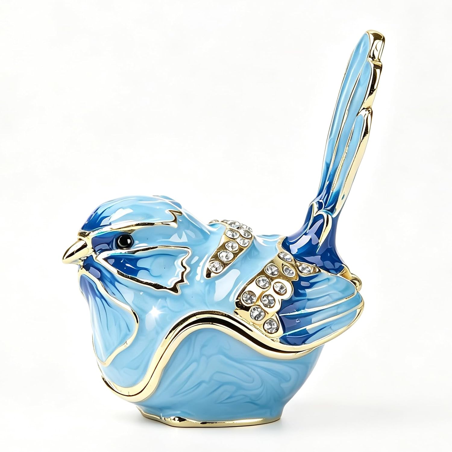 Vintage Enameled Metal Blue Bird Hinged Trinket Box Small Jewelry Storage