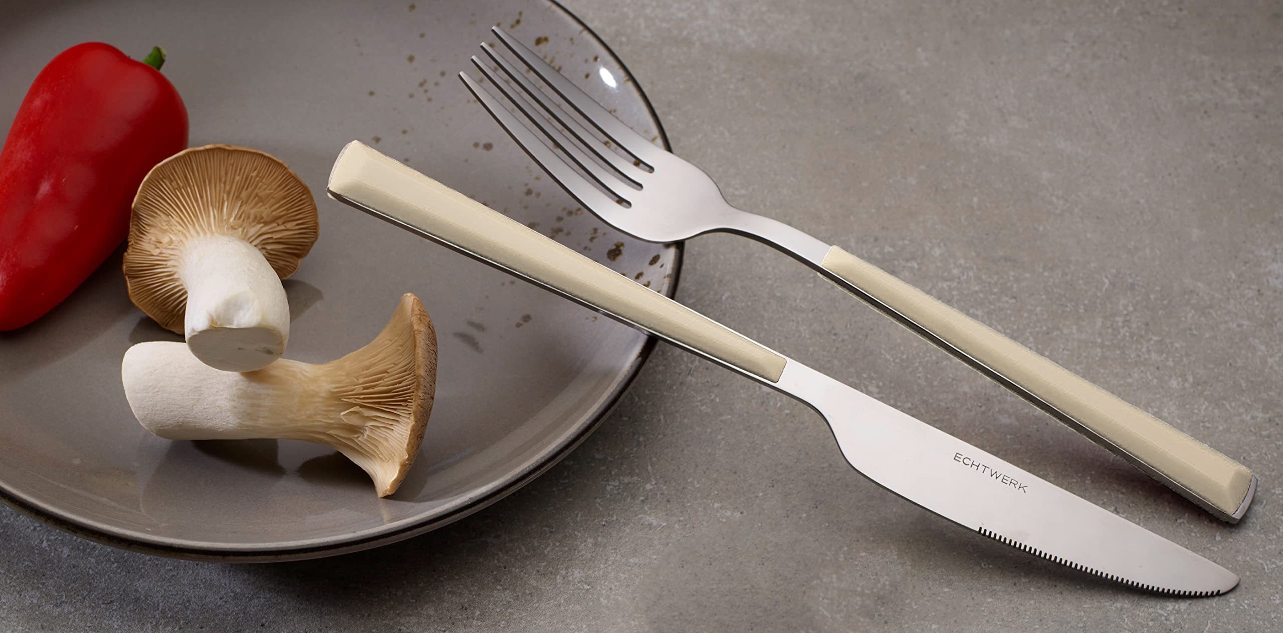 ECHTWERK Set di posate "Basic" con manici in plastica, Posate da campeggio, Posate da picnic, Posate da viaggio leggere, 24 pezzi, fino a 6 persone, acciaio inossidabile 18/0, Crema