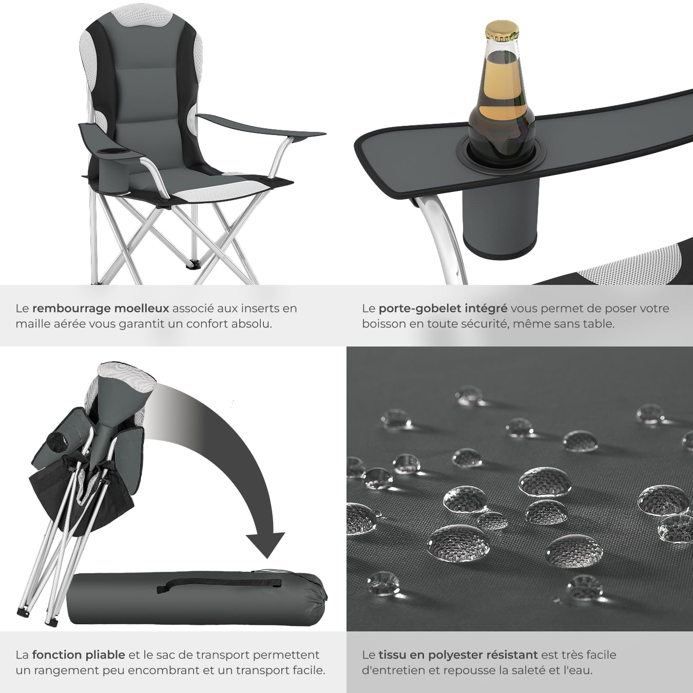 tectake Chaise de Camping Fauteuil Pliable avec Porte-Boisson et Sac de Transport - Rembourrage en Mousse -diverses Couleurs et Tailles au Choix- (Gris (2 pièces)) Ø Cadre: Environ 19 mm
